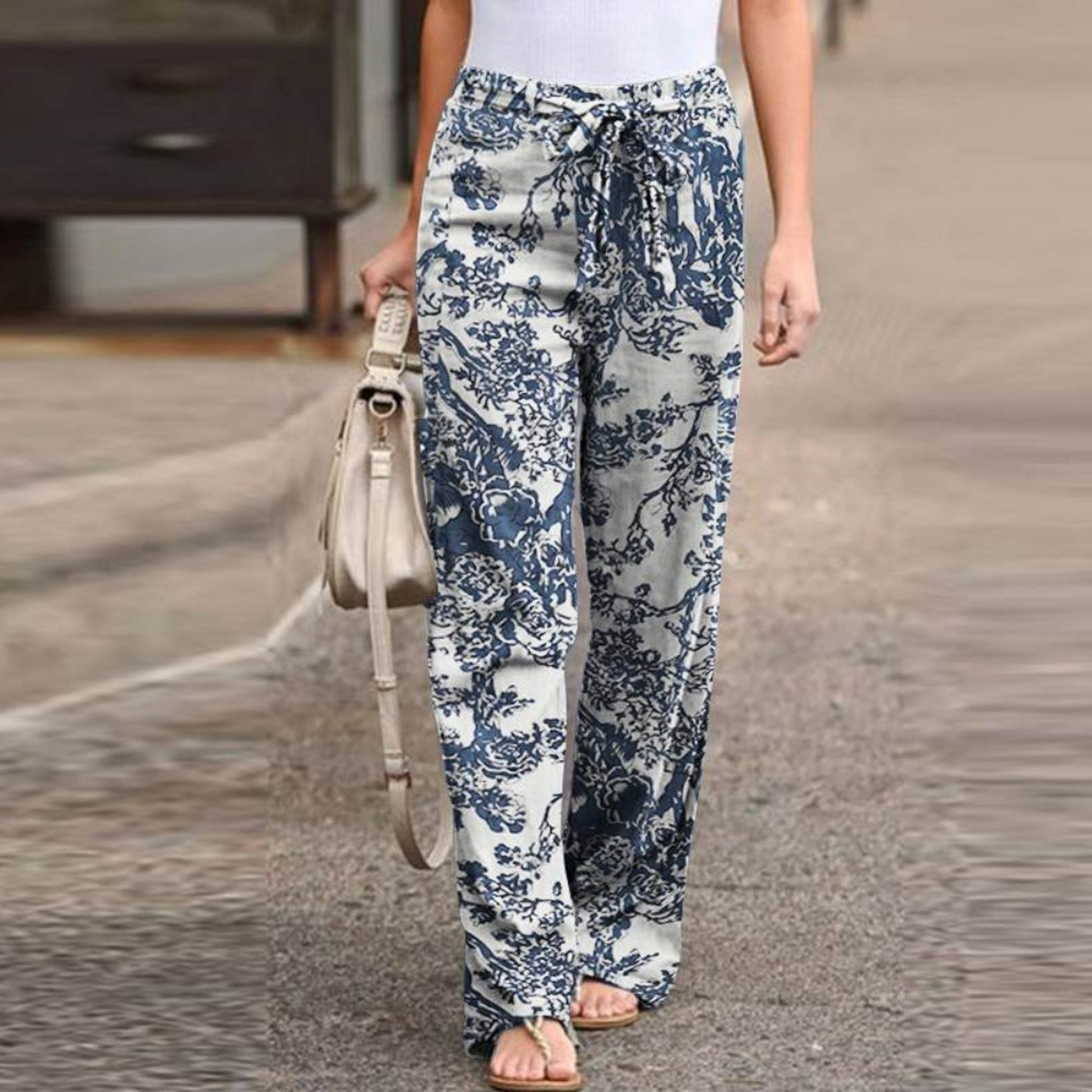 Elegant Print Joggers, Women's Cotton Linen Pants, Casual Autumn Streetwear, Comfortable Sweatpants – view 1