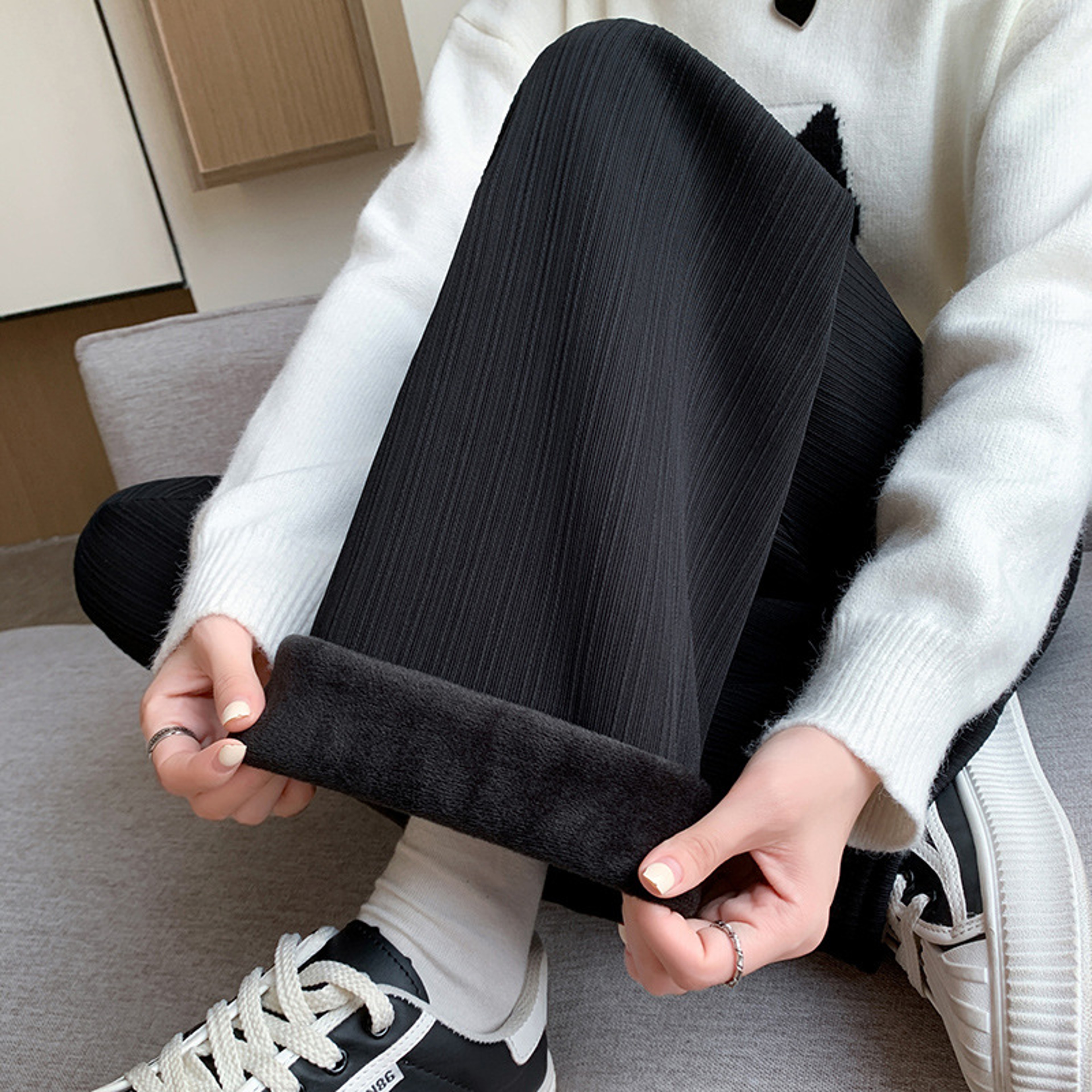 Womens Fleece Lined Wide Leg Pants, High Waist Winter Leggings, Thickened Striped Casual Lounge Pants – view 1