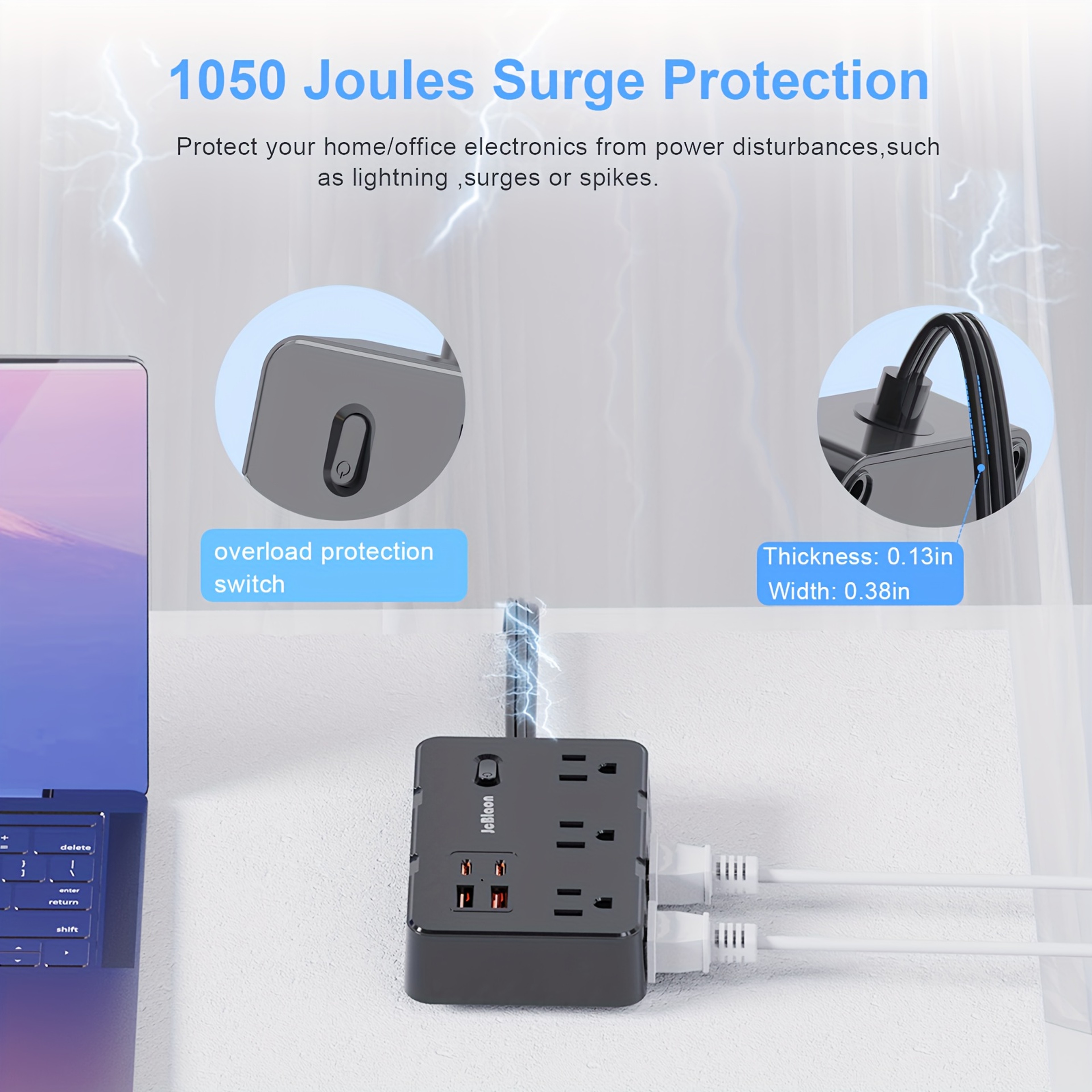 Ultra Thin Flat Plug Surge Protector Power Strip Outlets and USB Charging Ports – view 5