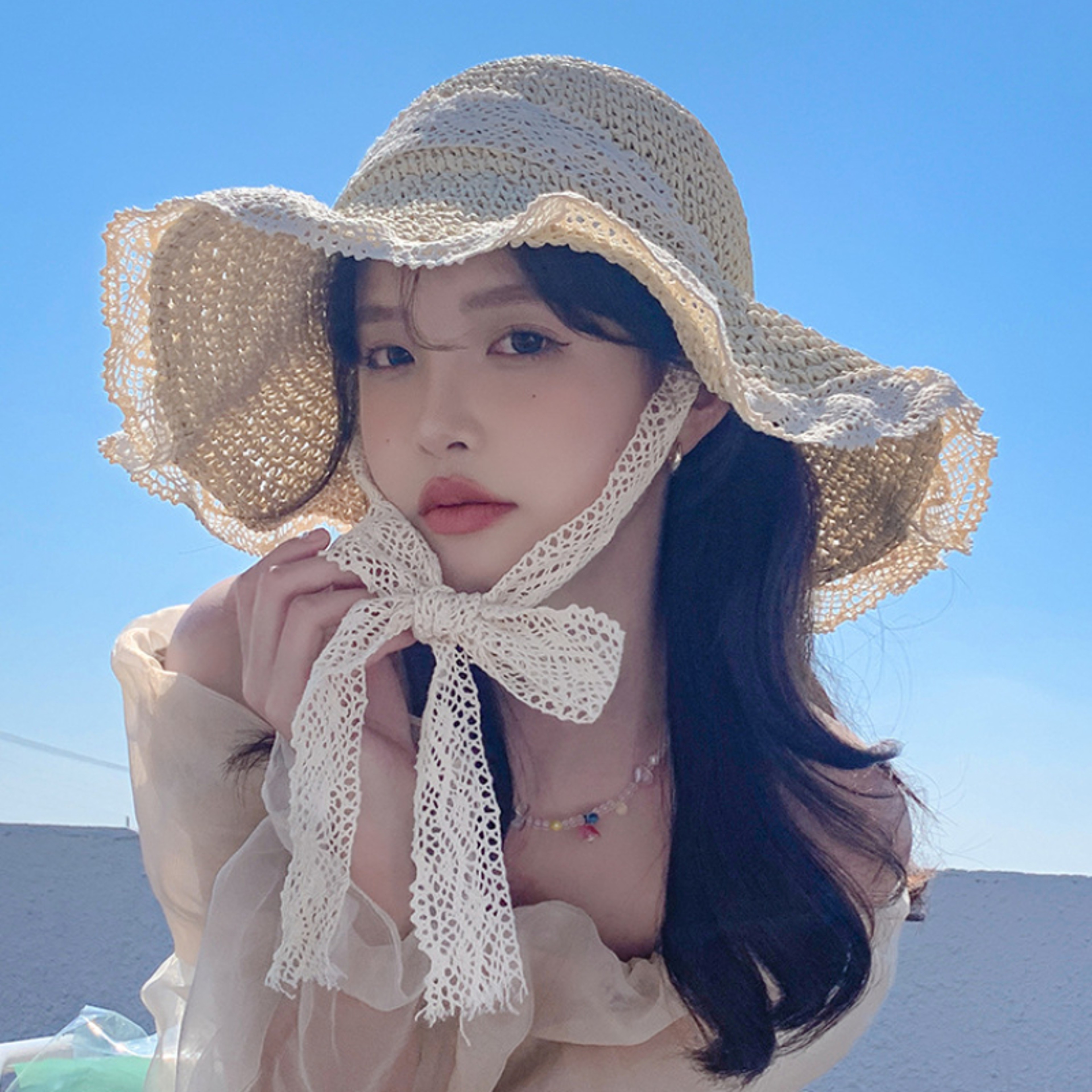 Elegant Womens Wide Brim Straw Beach Sun Hat Foldable Summer Sun Protection Cap 2