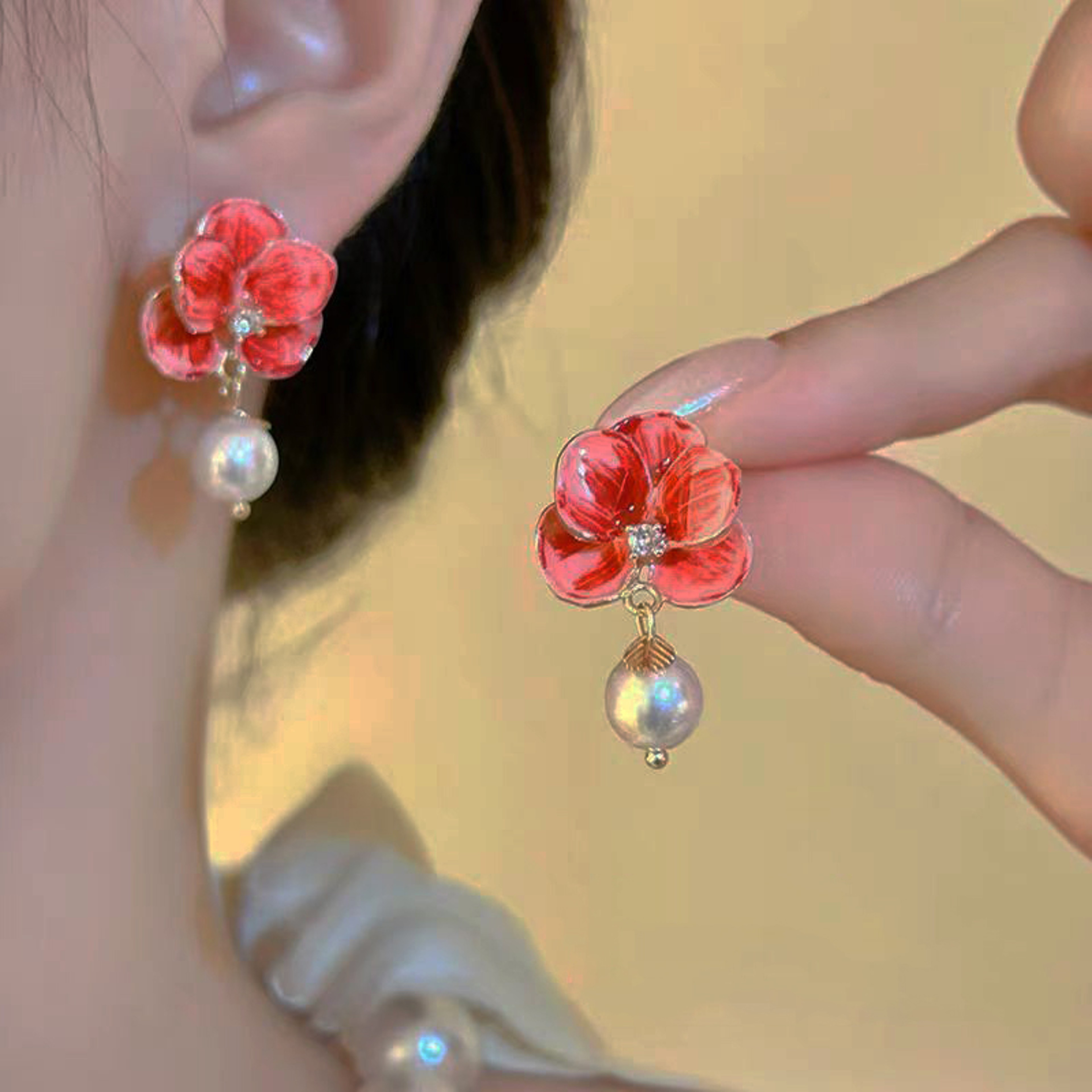 Blue Drip Oil Flower Pearl Petal Earrings Retro Elegant Women Jewelry 5