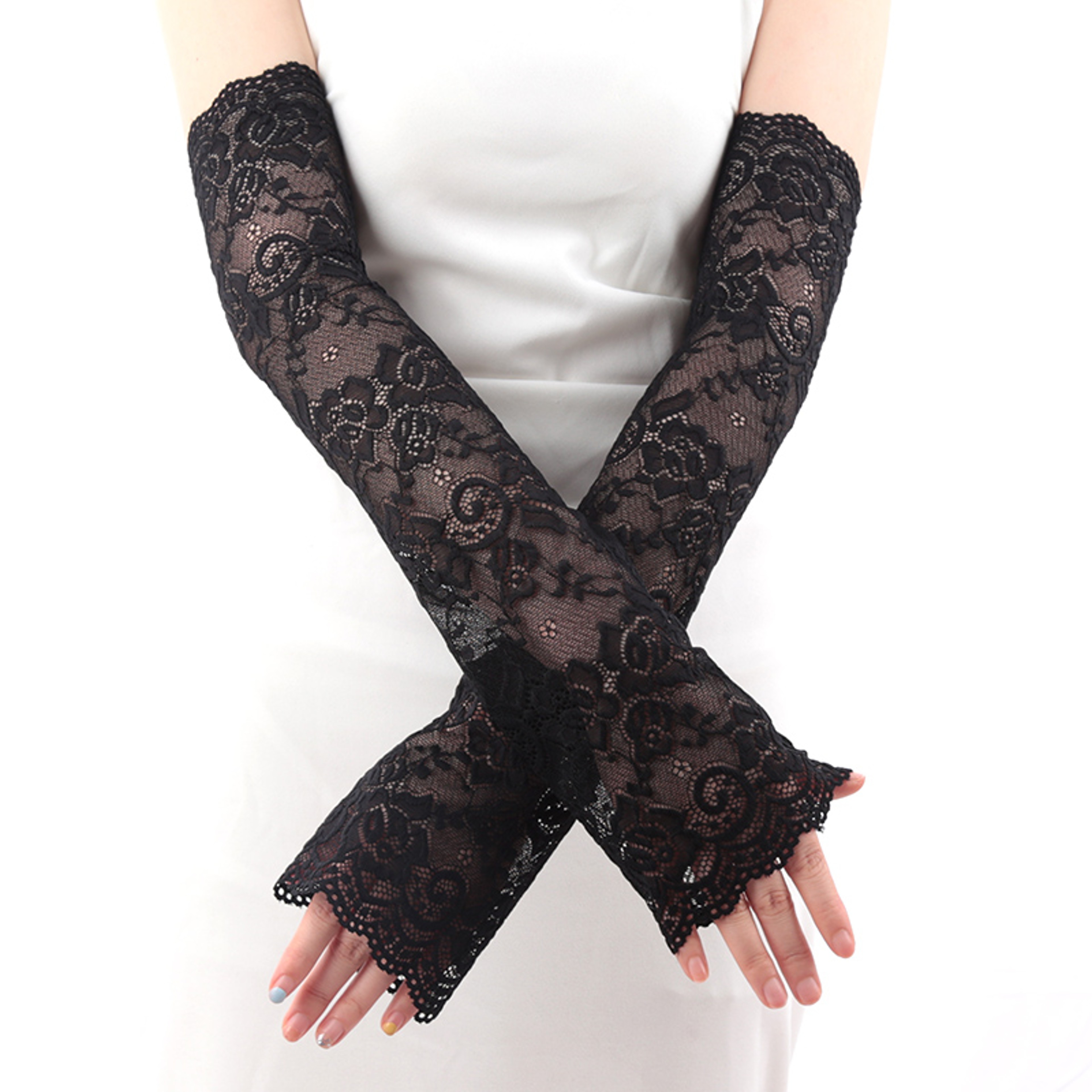 Women Lace Fishnet Fingerless Gloves Sun Arm Sleeves 0