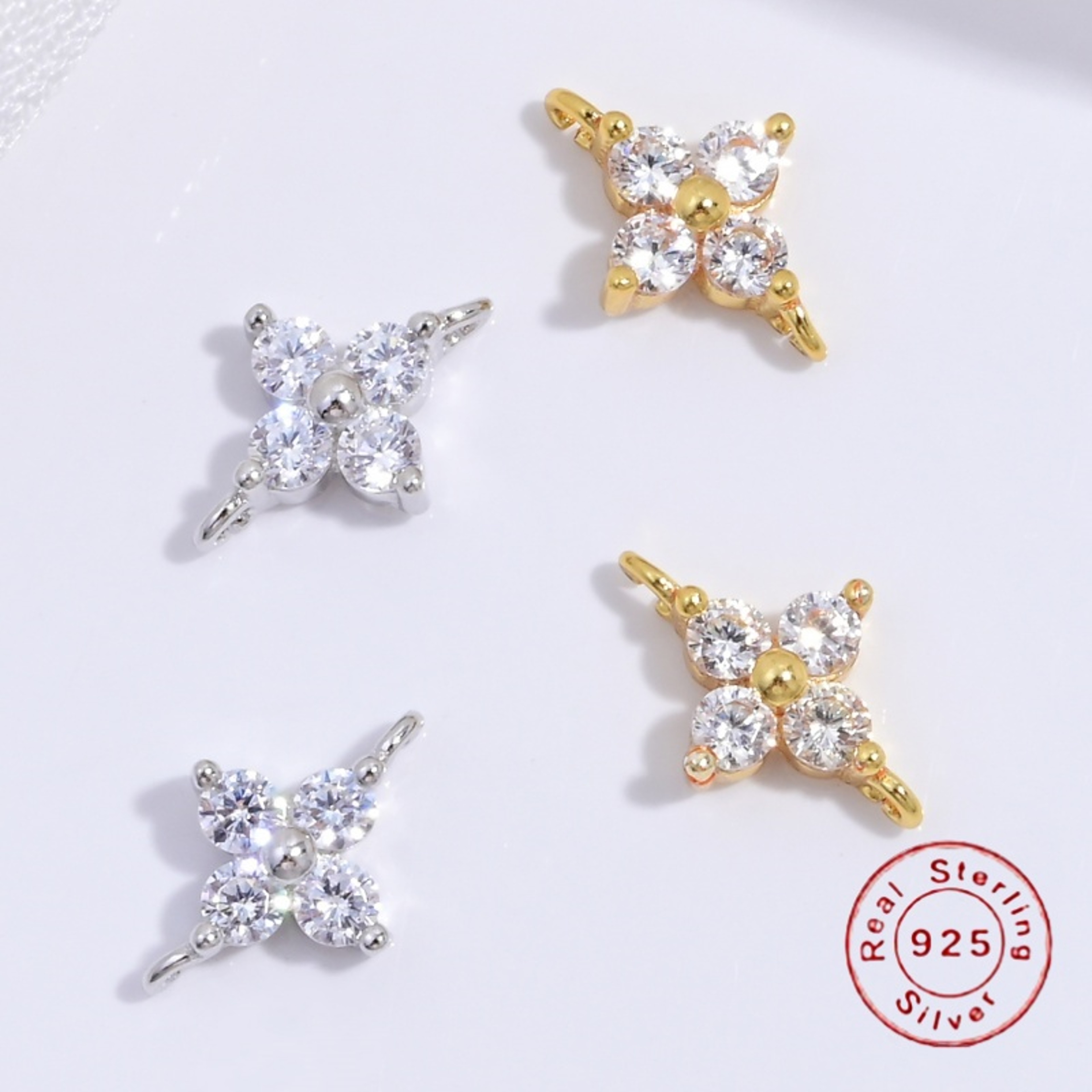 Sterling Silver Four Leaf Clover Zircon DIY Pendant Charm Connector for Jewelry Making – view 1