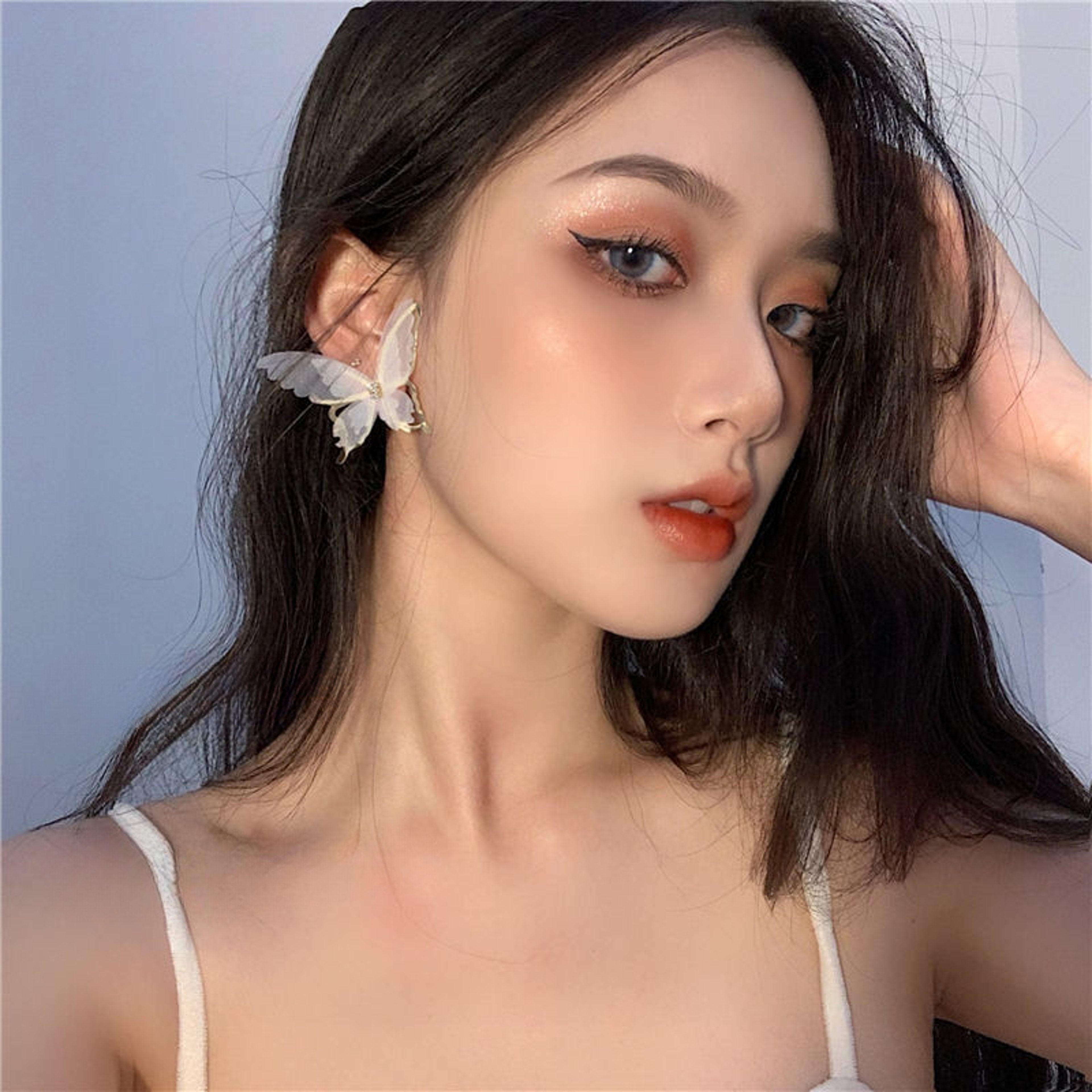 White Mesh Butterfly Wing Statement Stud Earrings For Women Korean Fashion Jewelry 0
