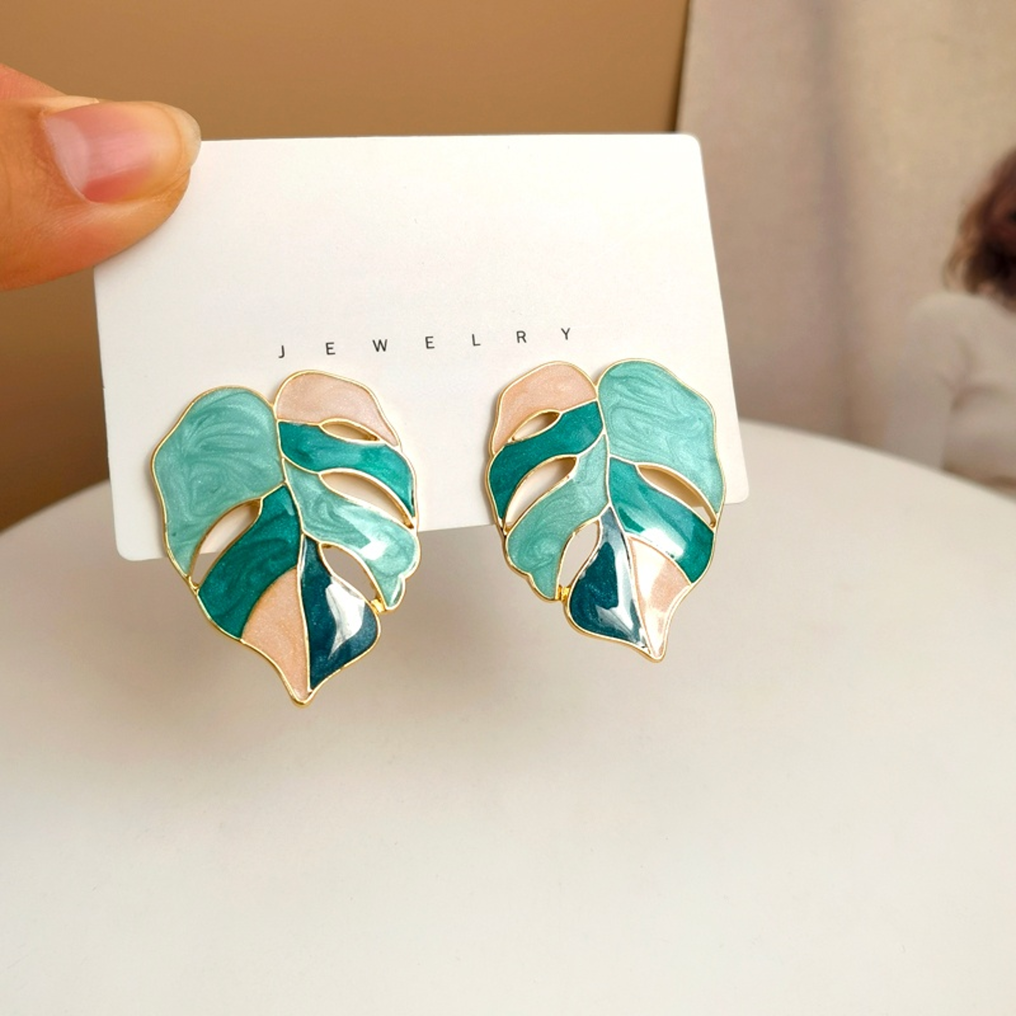 Silver Leaf Geometric Earrings for Women Green White Statement Jewelry Gift – view 5