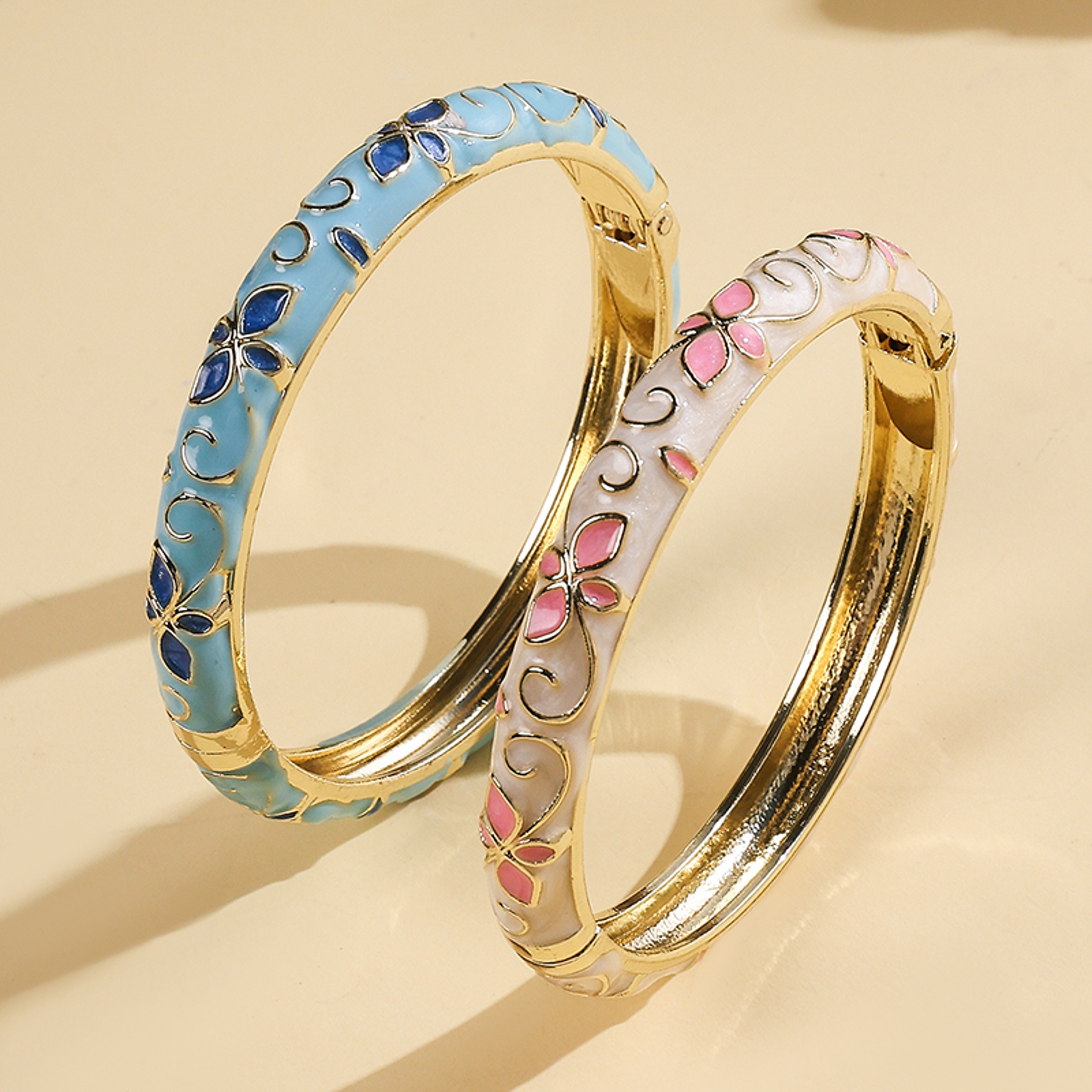 Vintage Gold Enamel Bracelet with Cloisonne Floral Design for Women Elegant Retro Bangle Gift – view 5