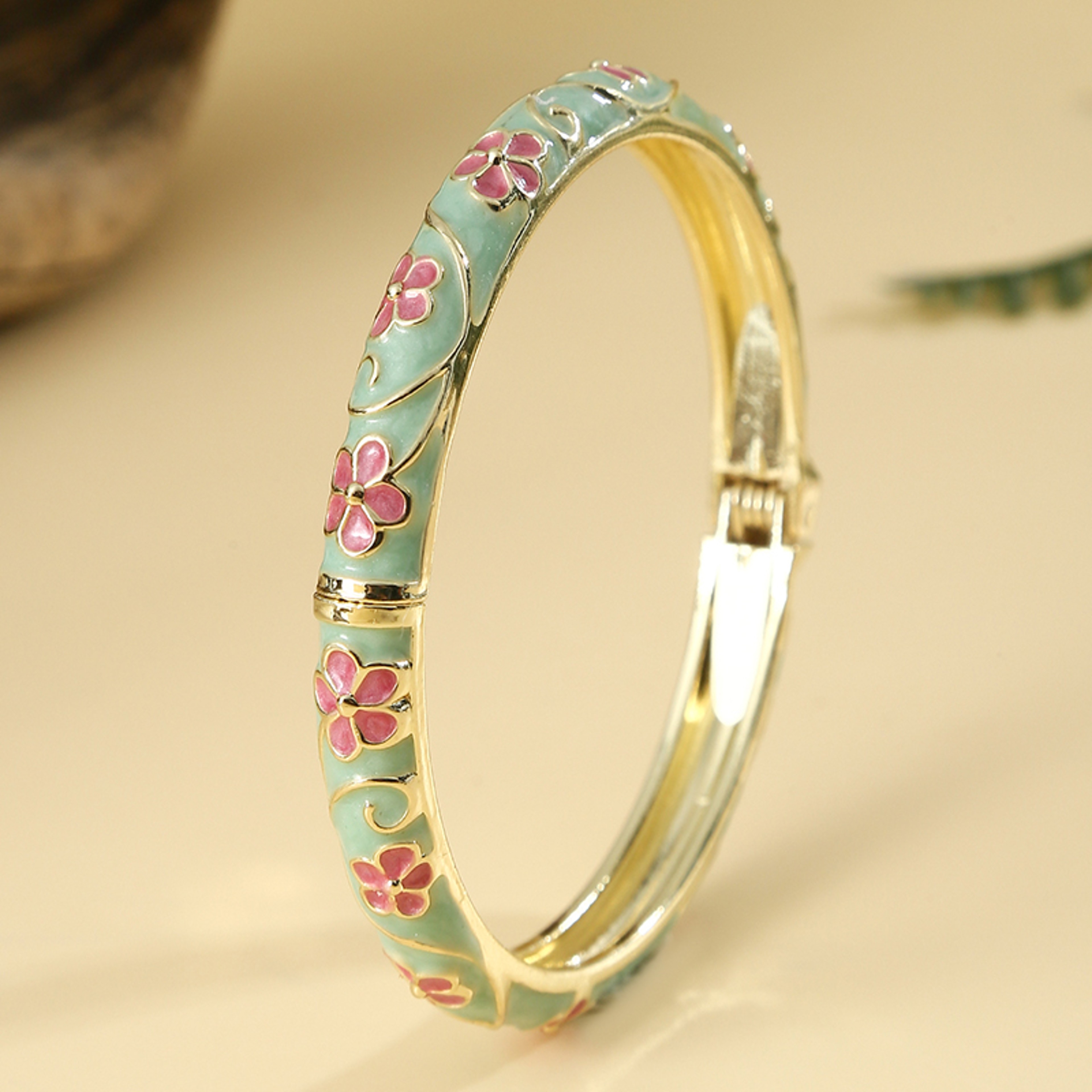 Vintage Gold Enamel Bracelet with Cloisonne Floral Design for Women Elegant Retro Bangle Gift – view 11