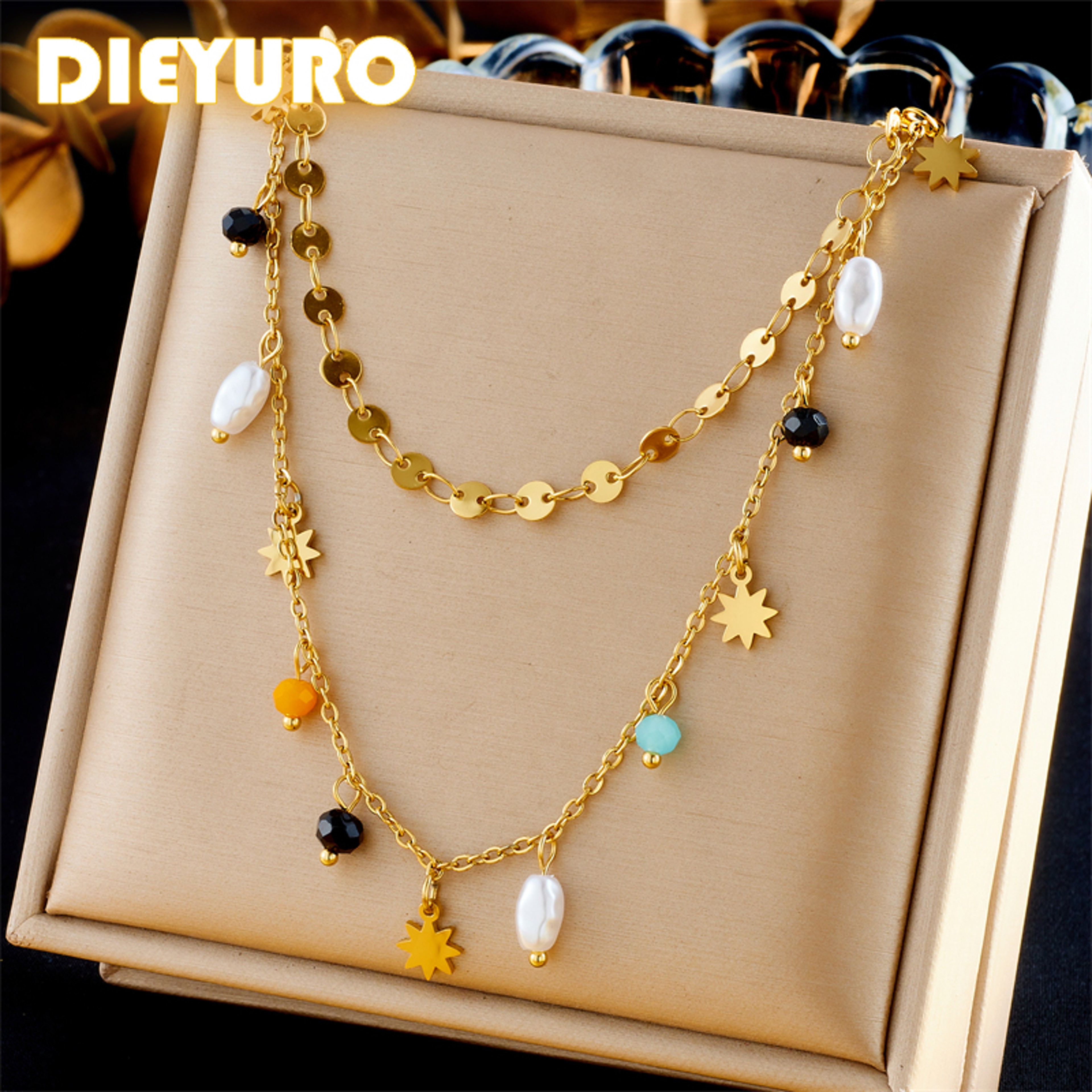 Celestial Pearl Stainless Steel Necklace With Gold Star Pentacle Pendant 1