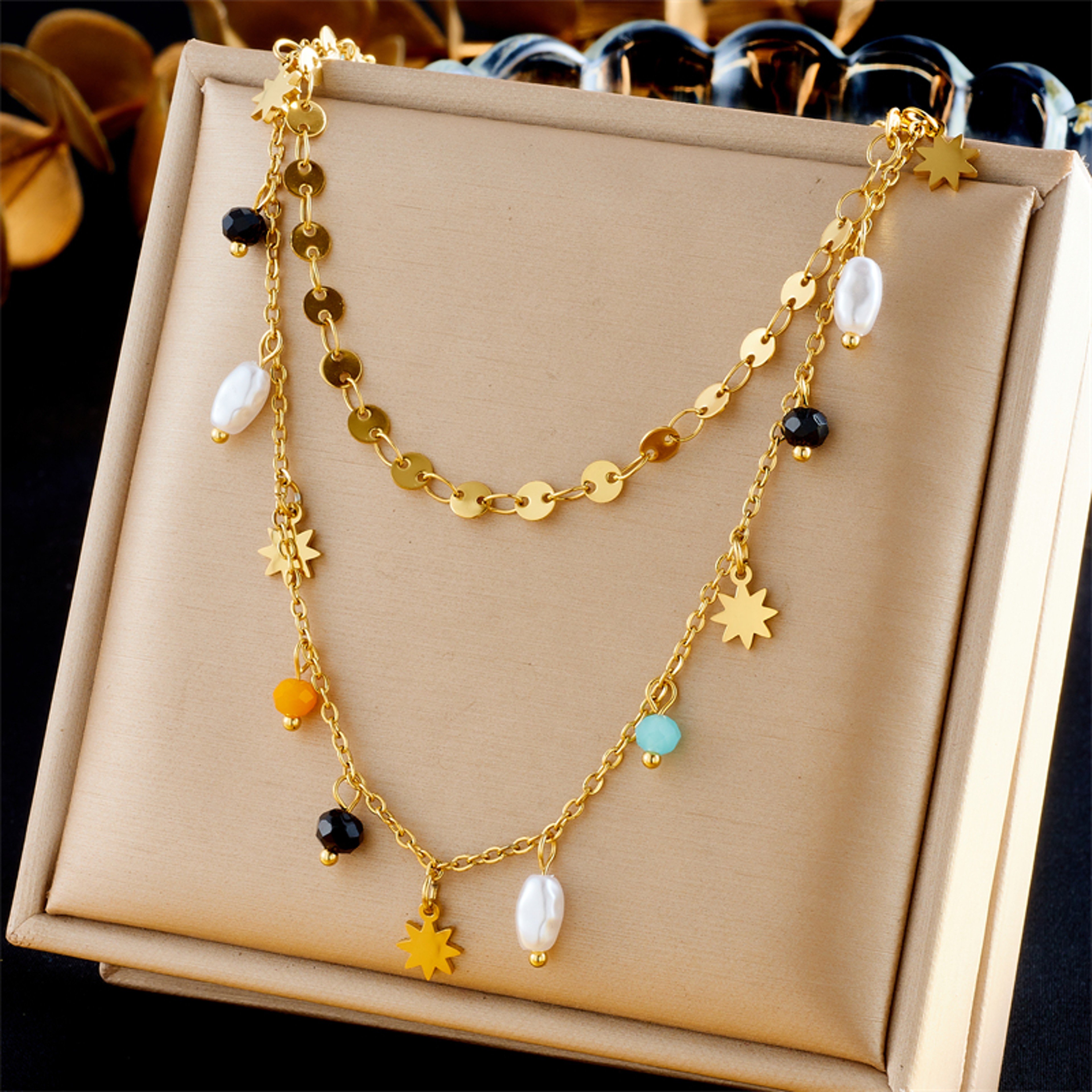 Celestial Pearl Stainless Steel Necklace With Gold Star Pentacle Pendant 6