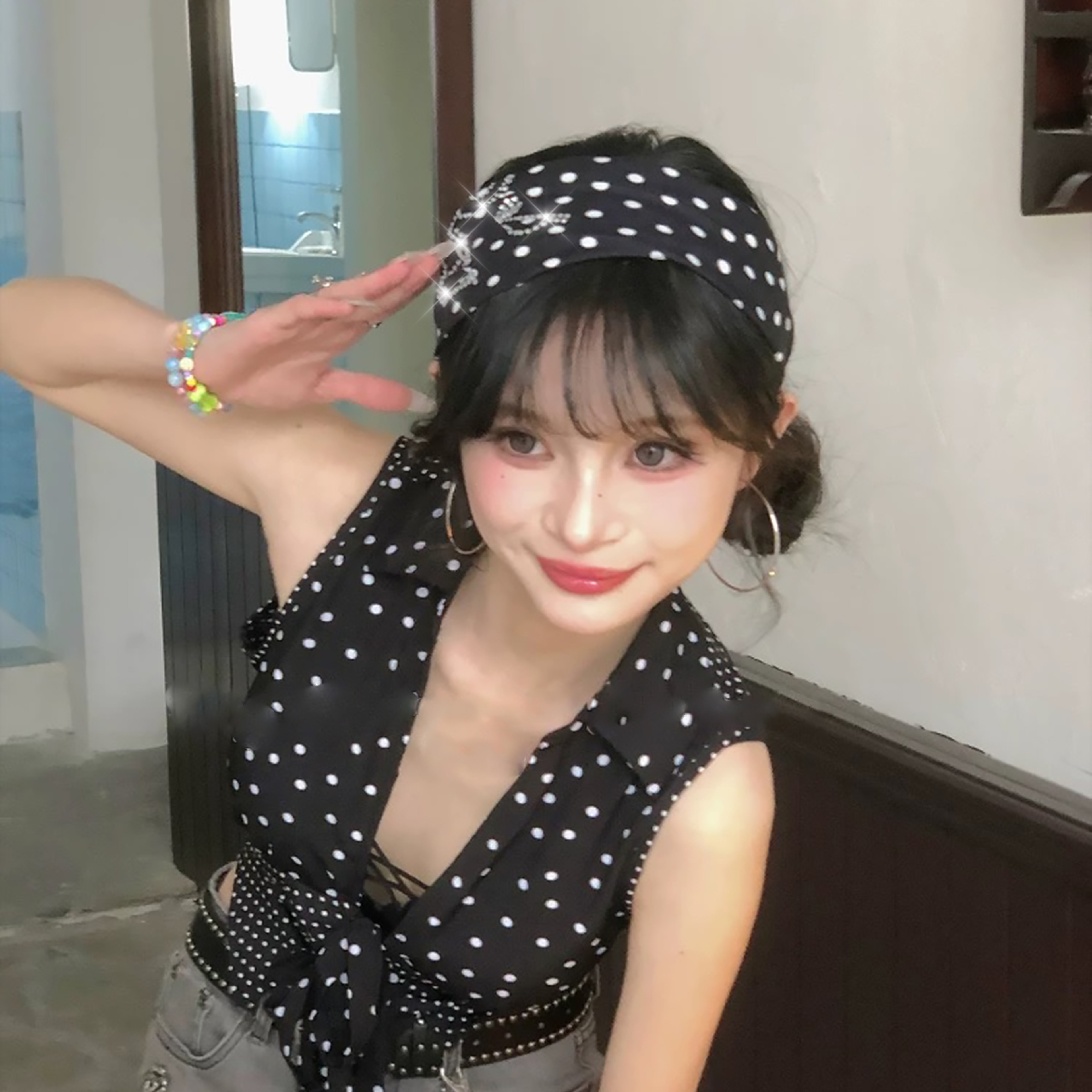 Vintage Polka Dot Headband with Rhinestones Wide Retro Hair Band for Women – view 3
