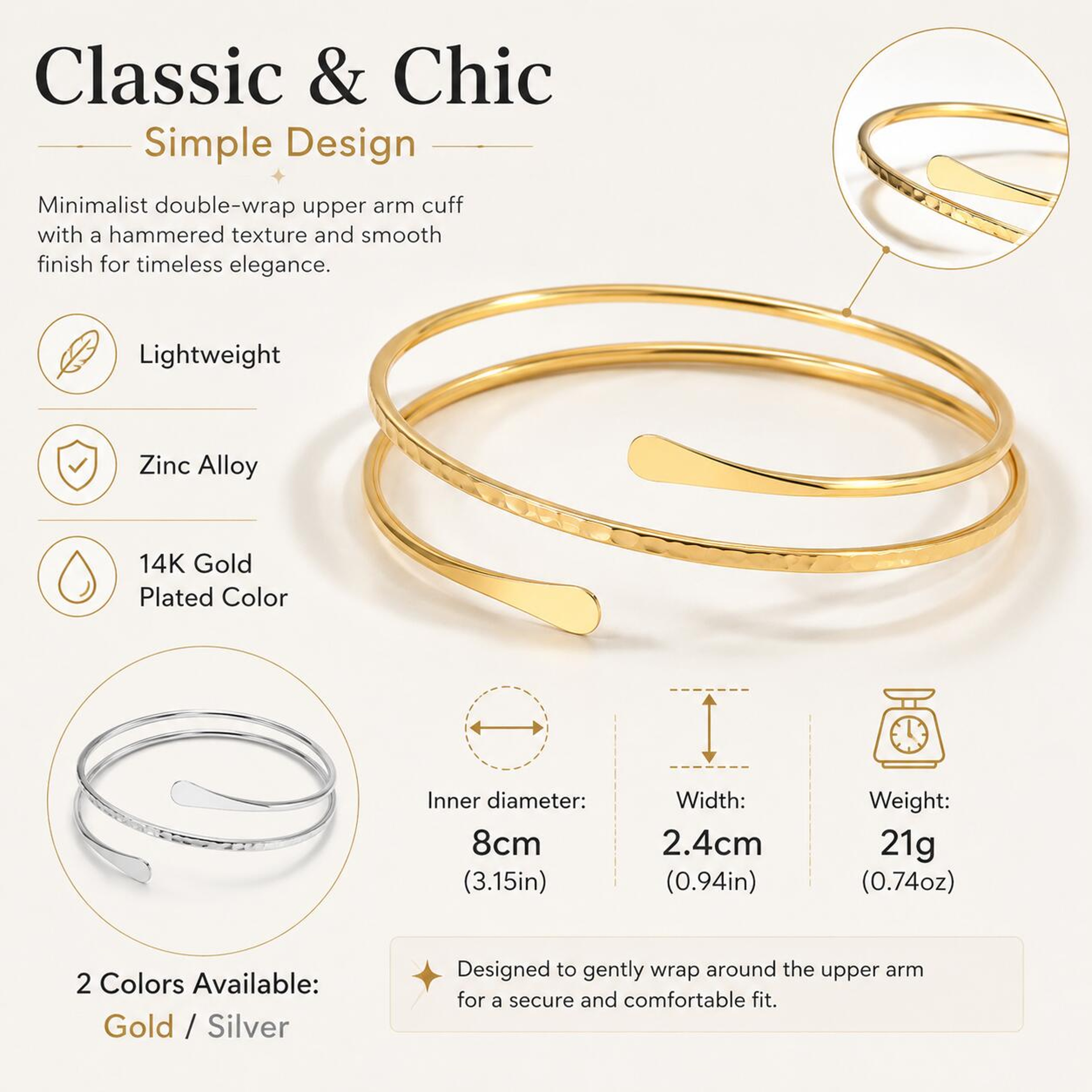 Minimalist Upper Arm Cuff Bracelet Adjustable Gold Arm Cuff Statement Armlet for Women – view 5
