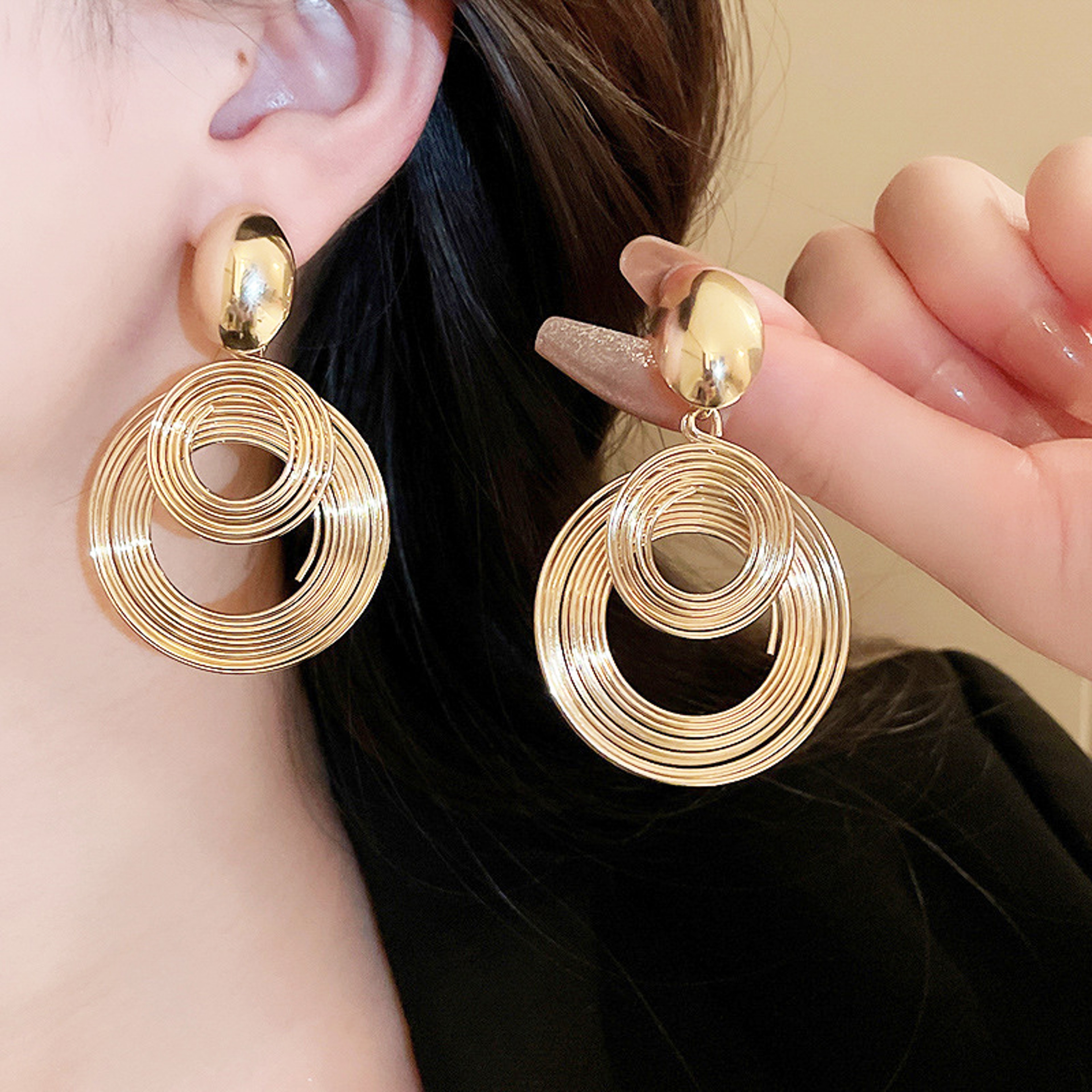 Elegant Spiral Dangle Earrings Double Circle Drop Earrings for Women in Gold or Silver – view 1