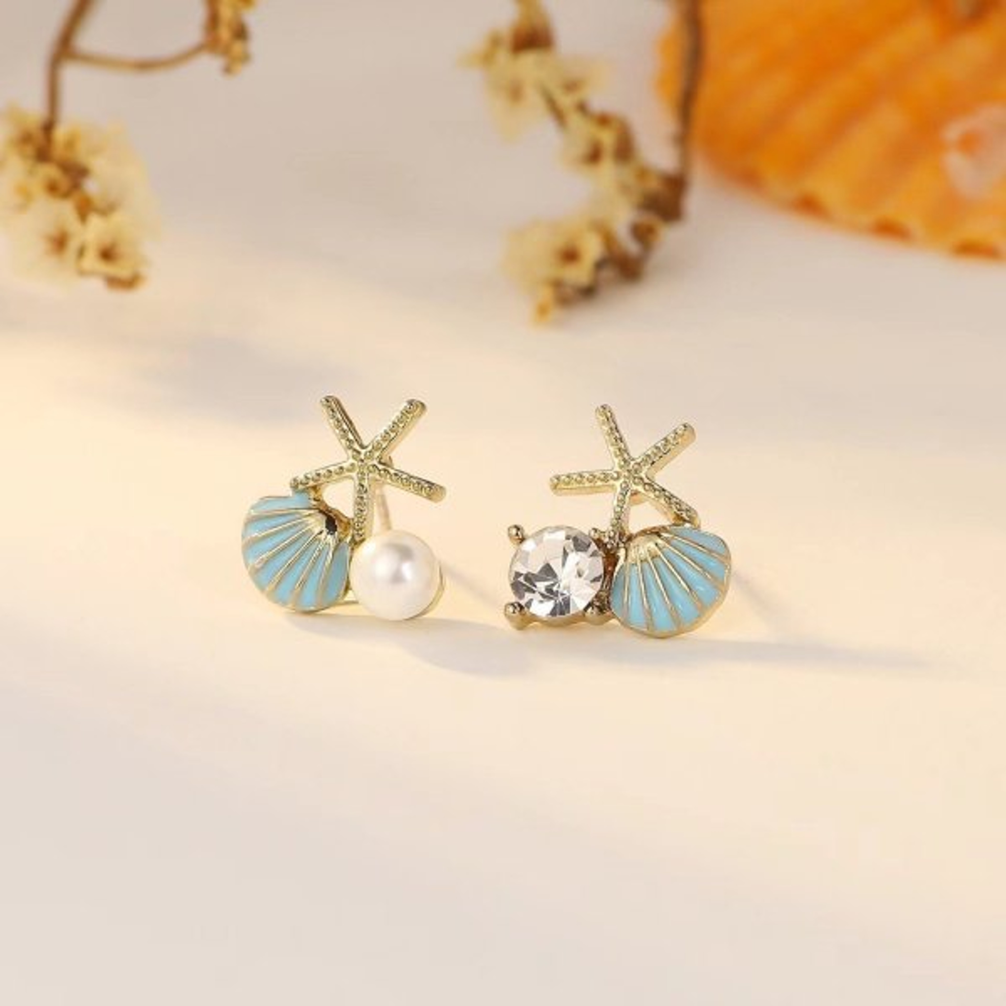 Vintage Starfish Earrings With Shell Pearl Drop Gold Beach Jewelry For Women 8