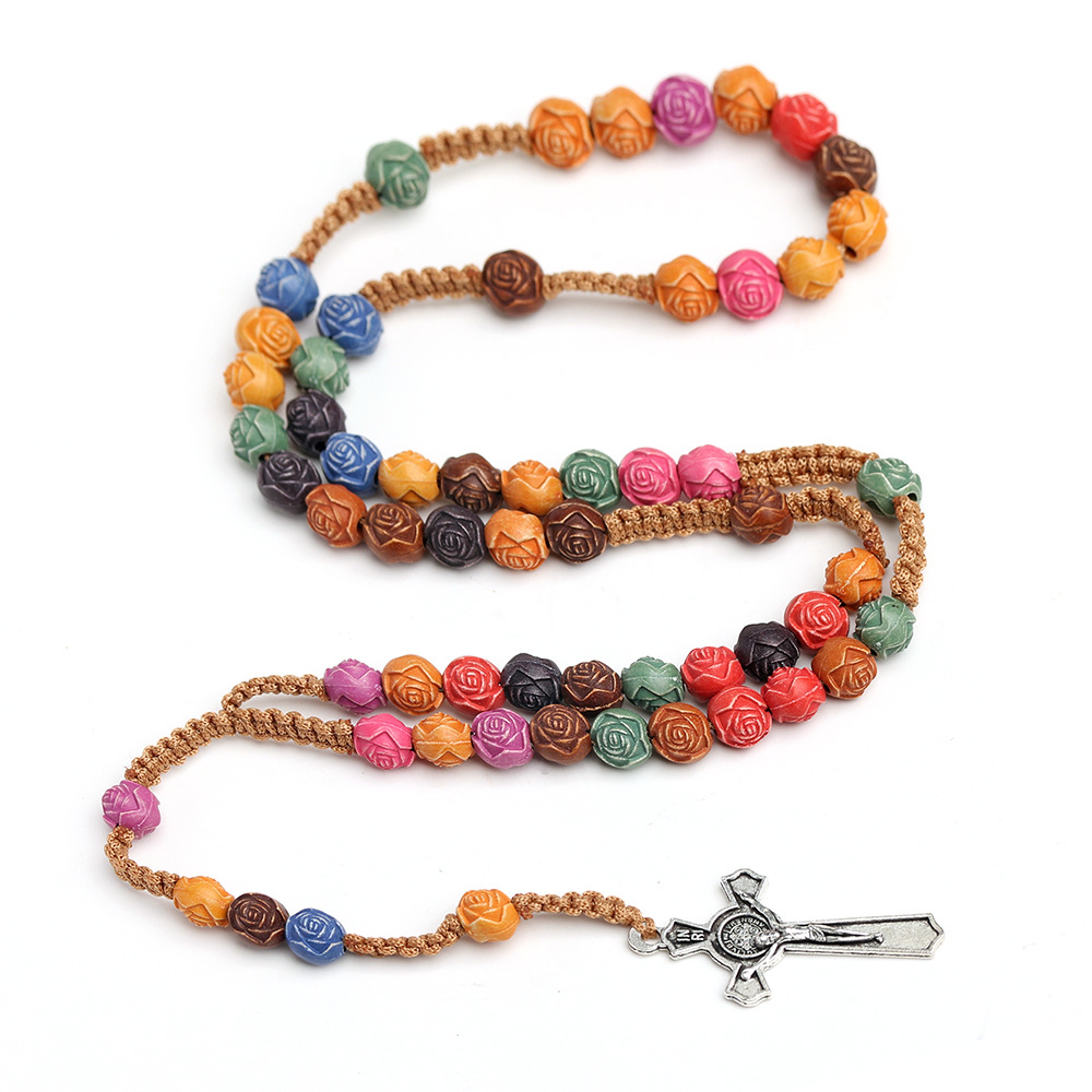 Christian Rose Bead Rosary Necklace with Crucifix Pendant Long Cross Chain – view 1