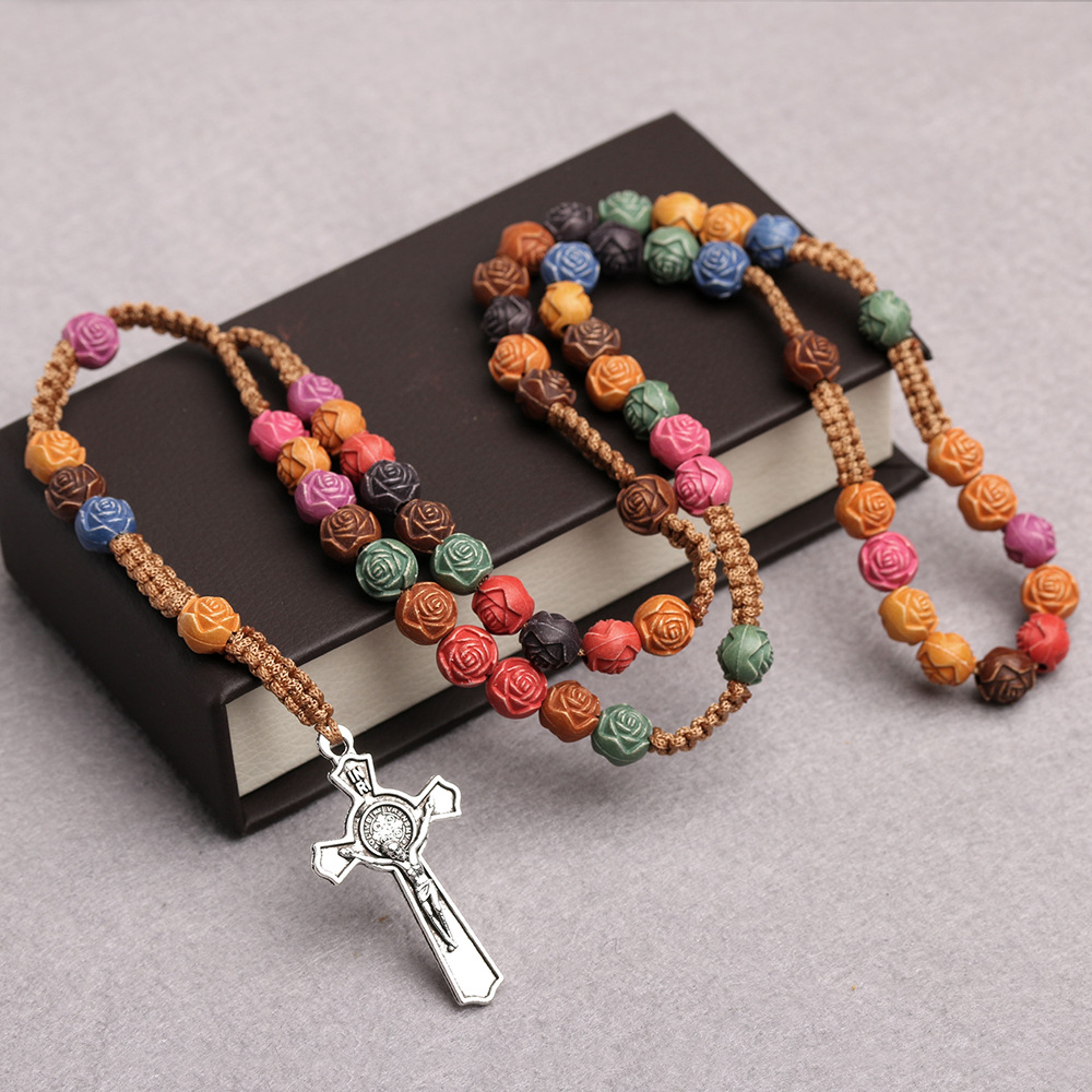 Christian Rose Bead Rosary Necklace with Crucifix Pendant Long Cross Chain – view 3