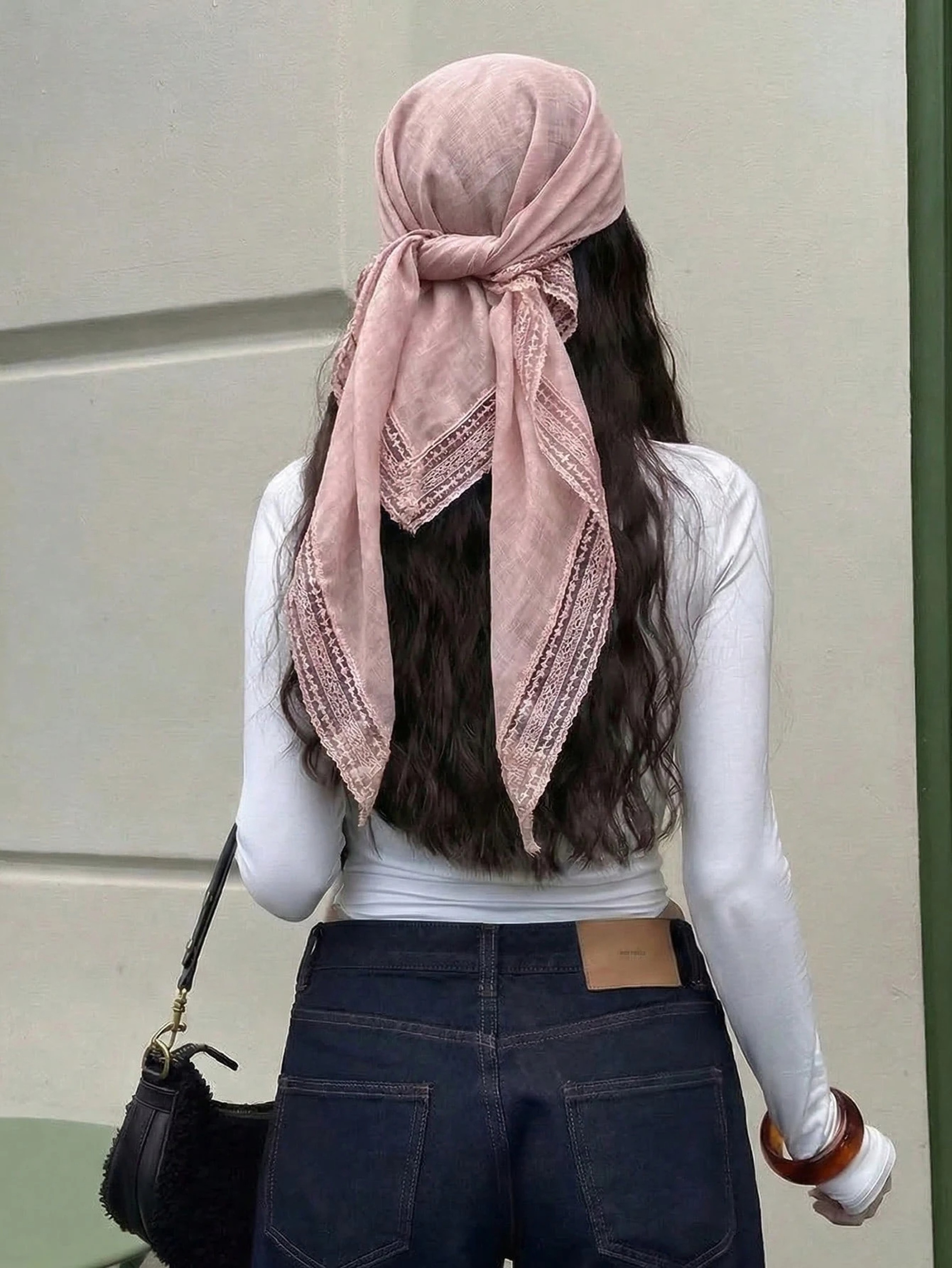 Boho Lace Trim Scarf Satin Head Scarf for Women – view 5