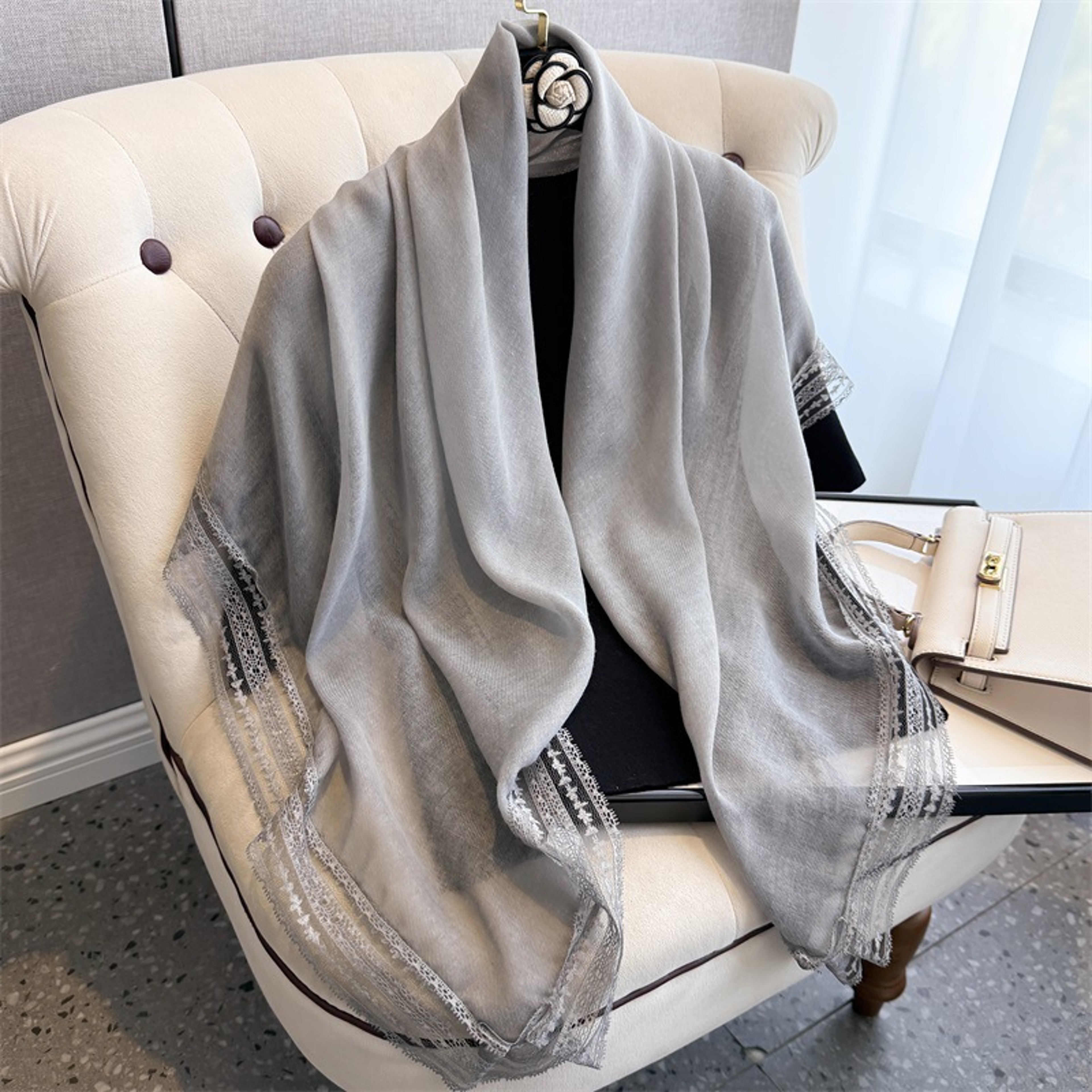 Boho Lace Trim Scarf Satin Head Scarf for Women – view 9