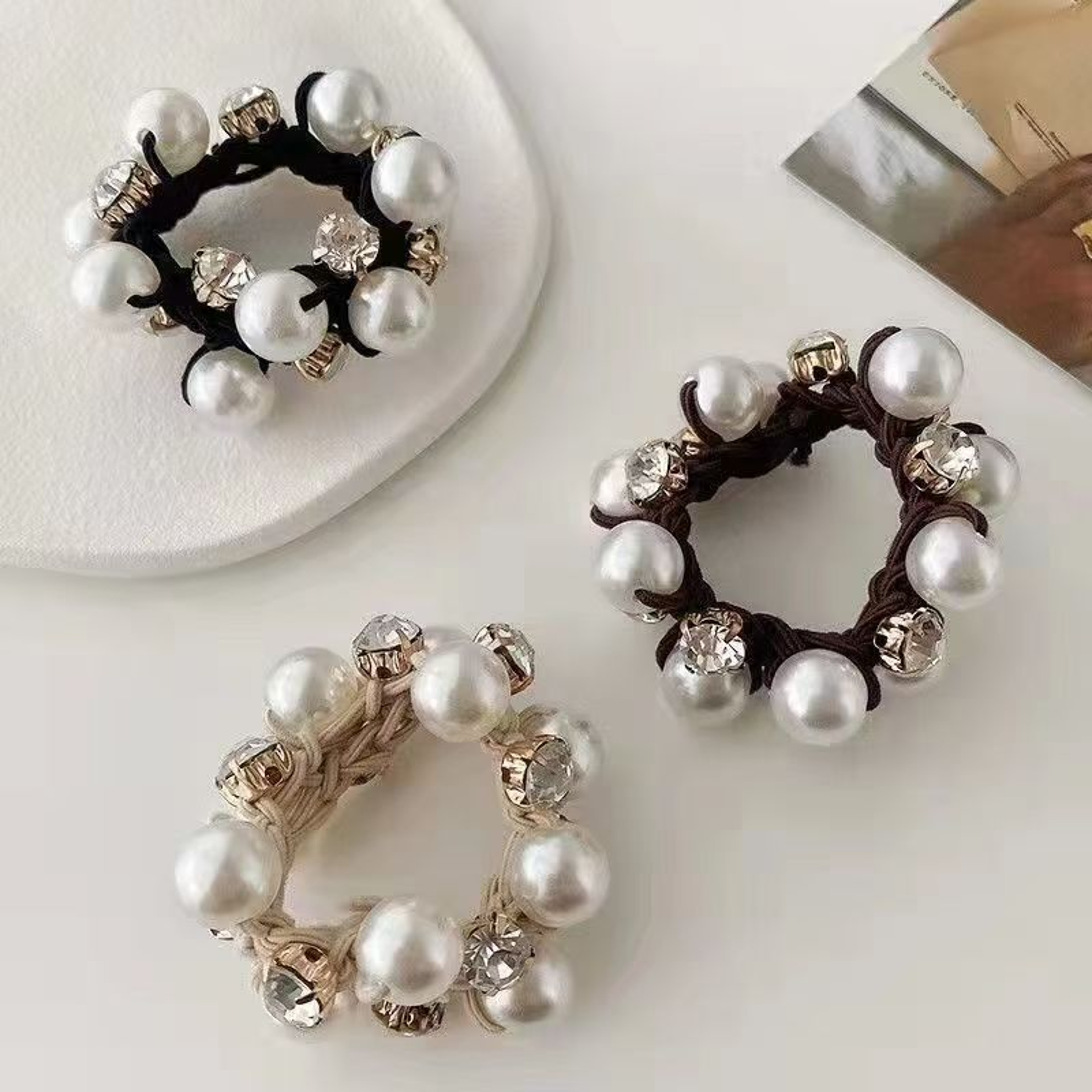 Elegant Pearl Hair Ties Set of 3 with Rhinestone Scrunchies for Women – view 5