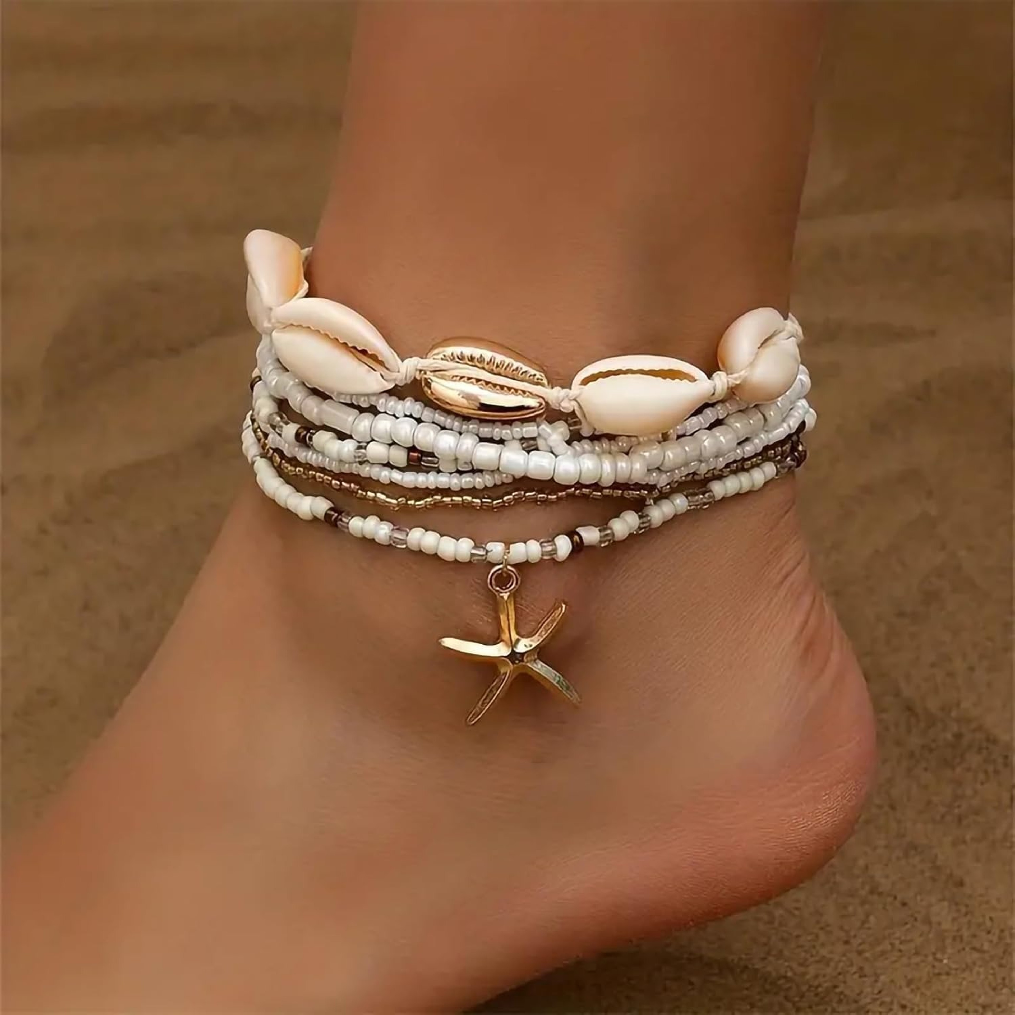 Summer Boho Anklet Set for Women with Shell & Starfish Charms Adjustable Gold Beach Ankle Bracelet – view 4