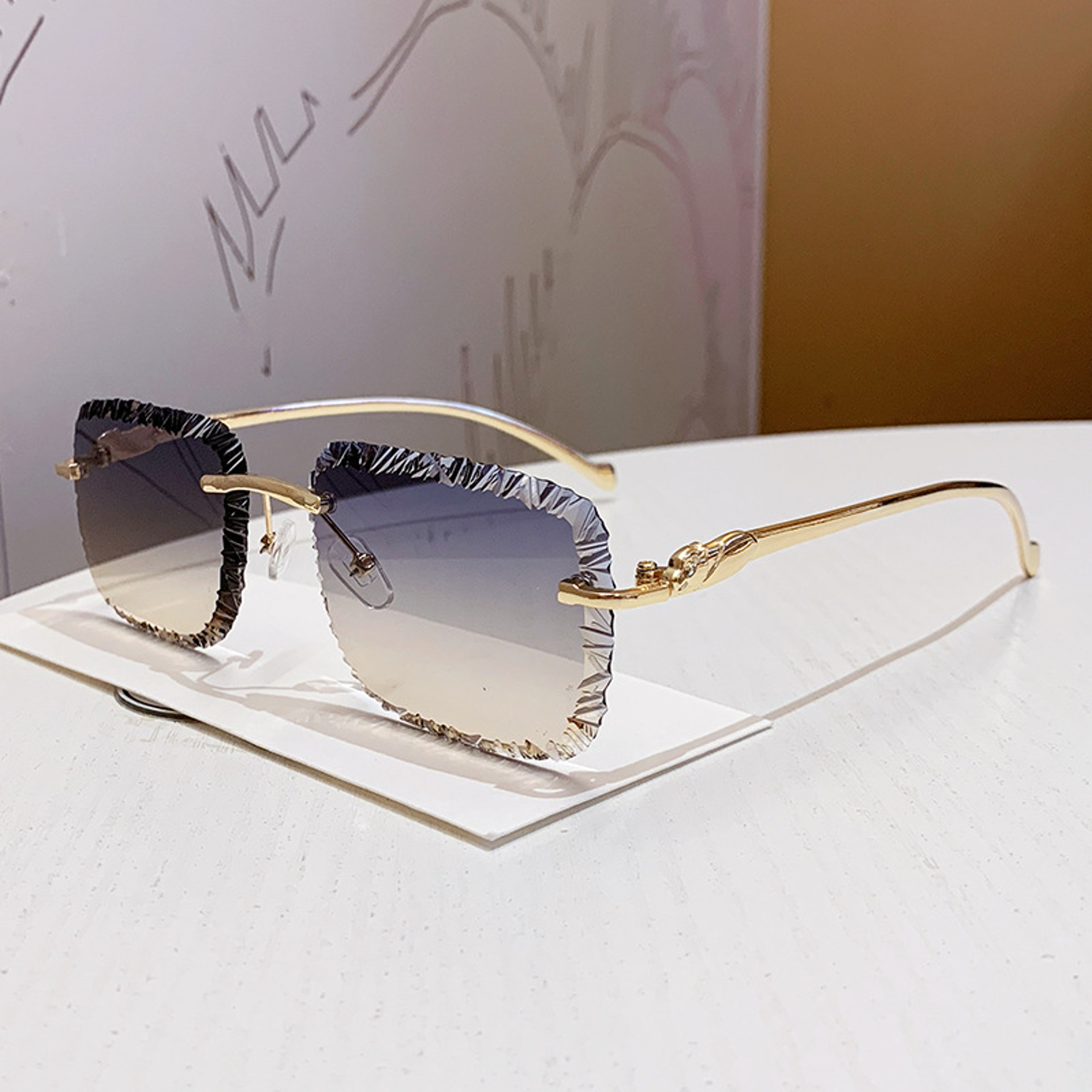 Luxury Rimless Sunglasses with Leopard Temples Vintage Designer Fashion Shades for Women & Men – view 3