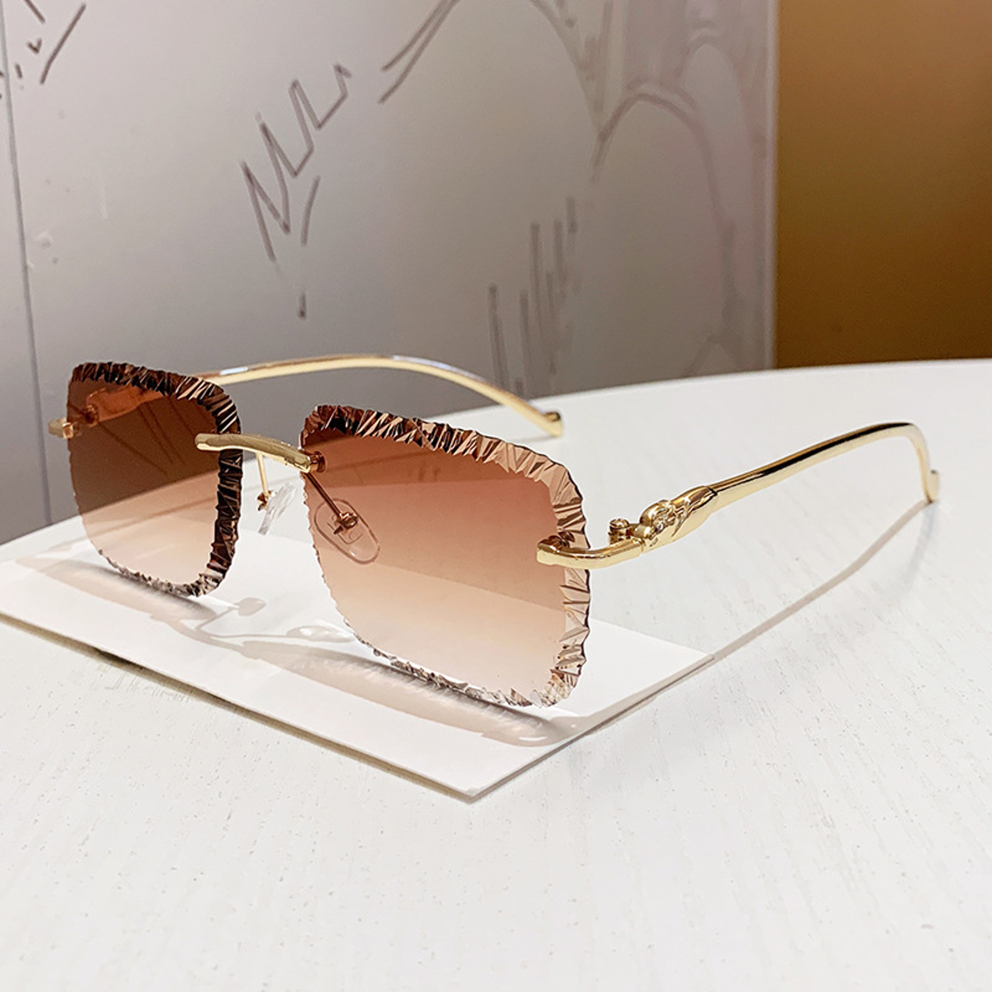 Luxury Rimless Sunglasses with Leopard Temples Vintage Designer Fashion Shades for Women & Men – view 6