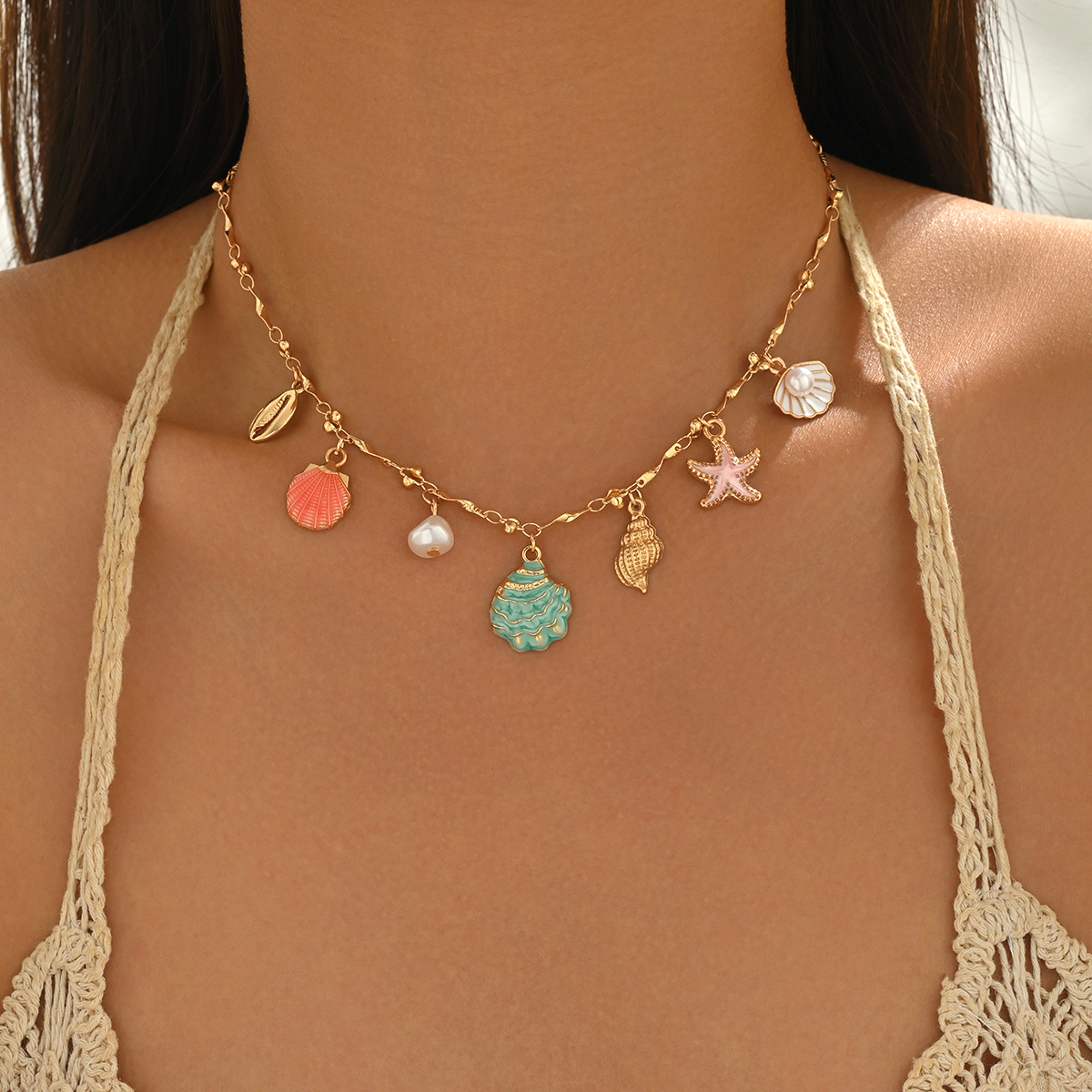 Boho Choker Necklace With Shell Starfish  Pearl Charms Adjustable Summer Beach Jewelry 1