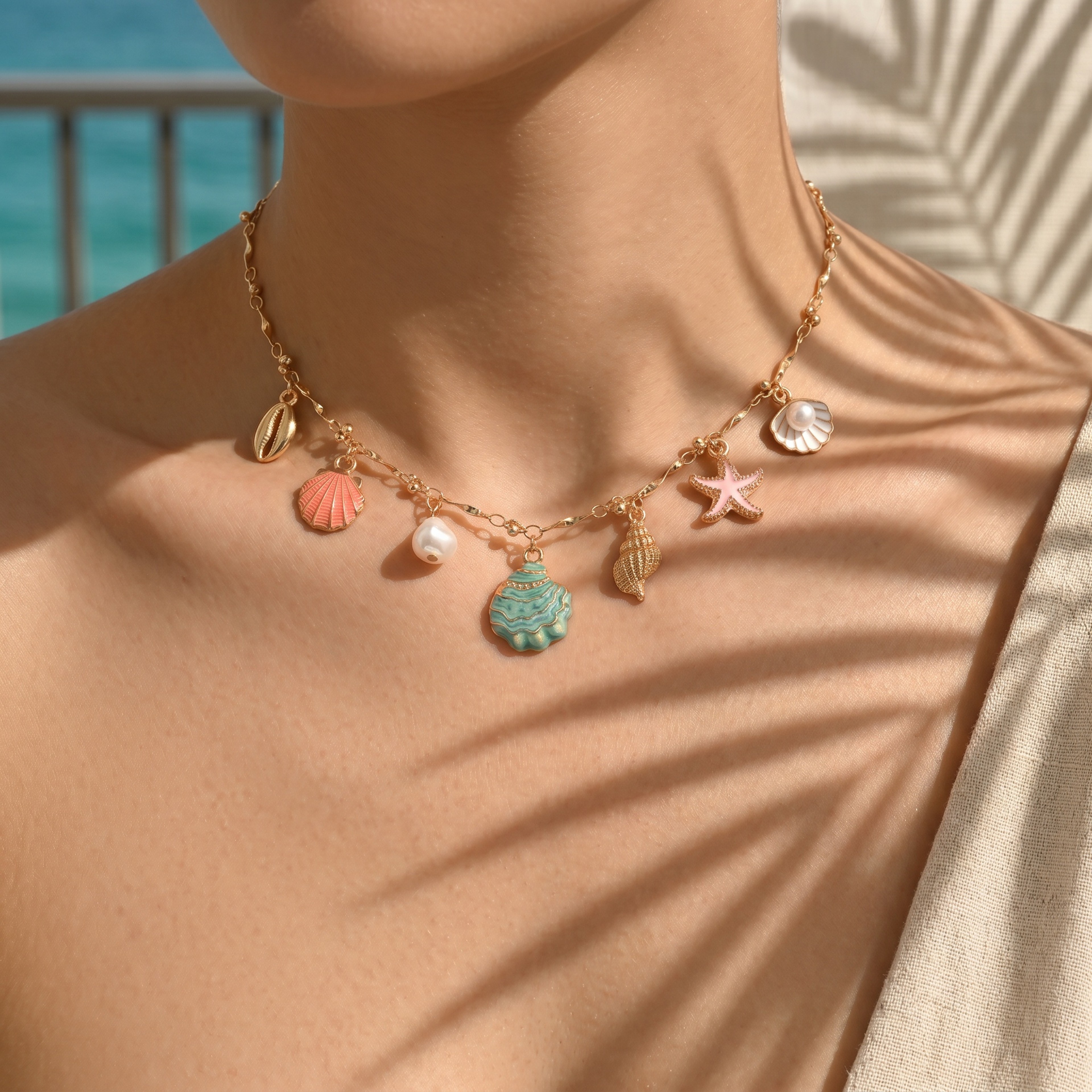 Boho Choker Necklace With Shell Starfish  Pearl Charms Adjustable Summer Beach Jewelry 2