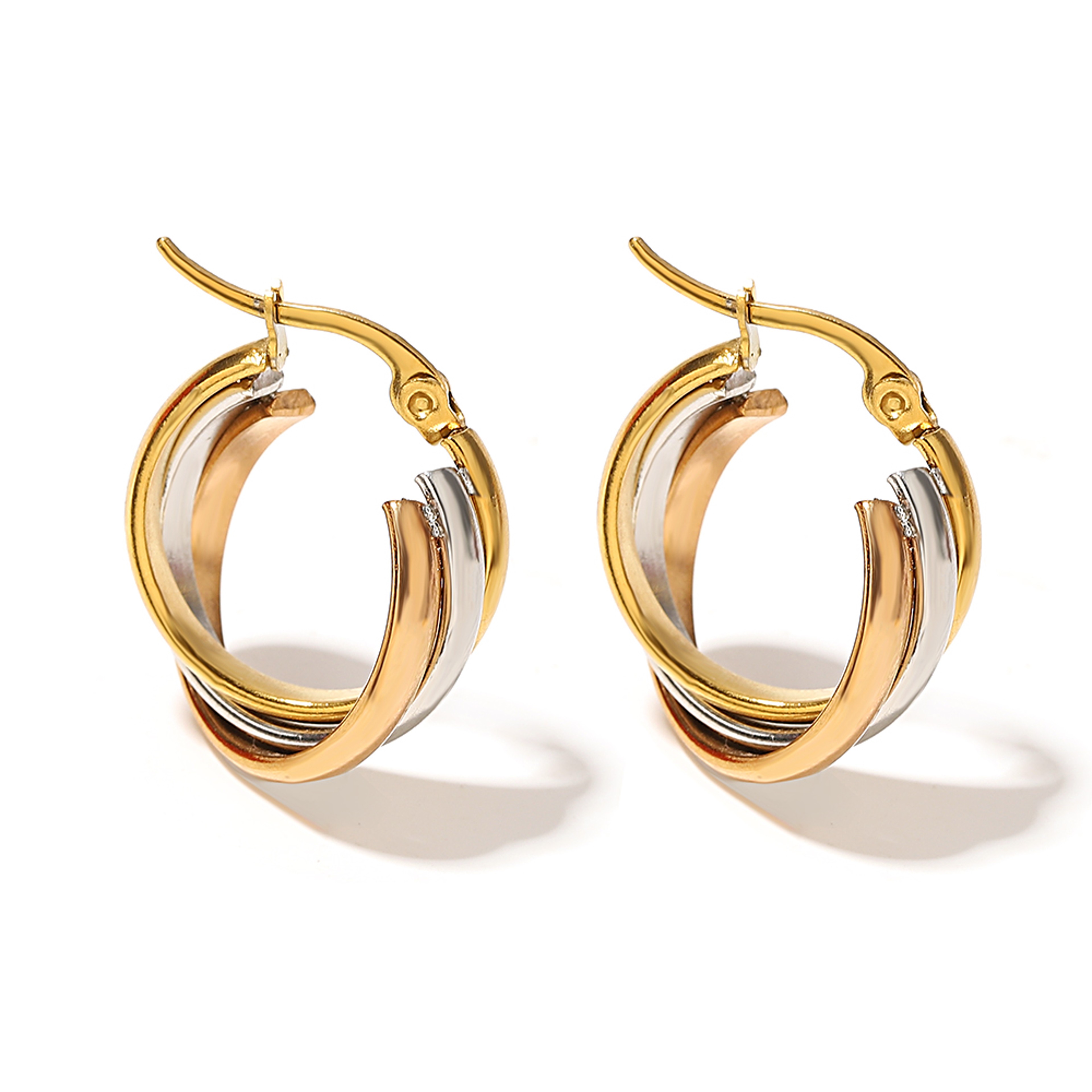 Triple Tone Stainless Steel Hoop Earrings Waterproof Twisted U Shape Minimalist Hoops for Women – view 1