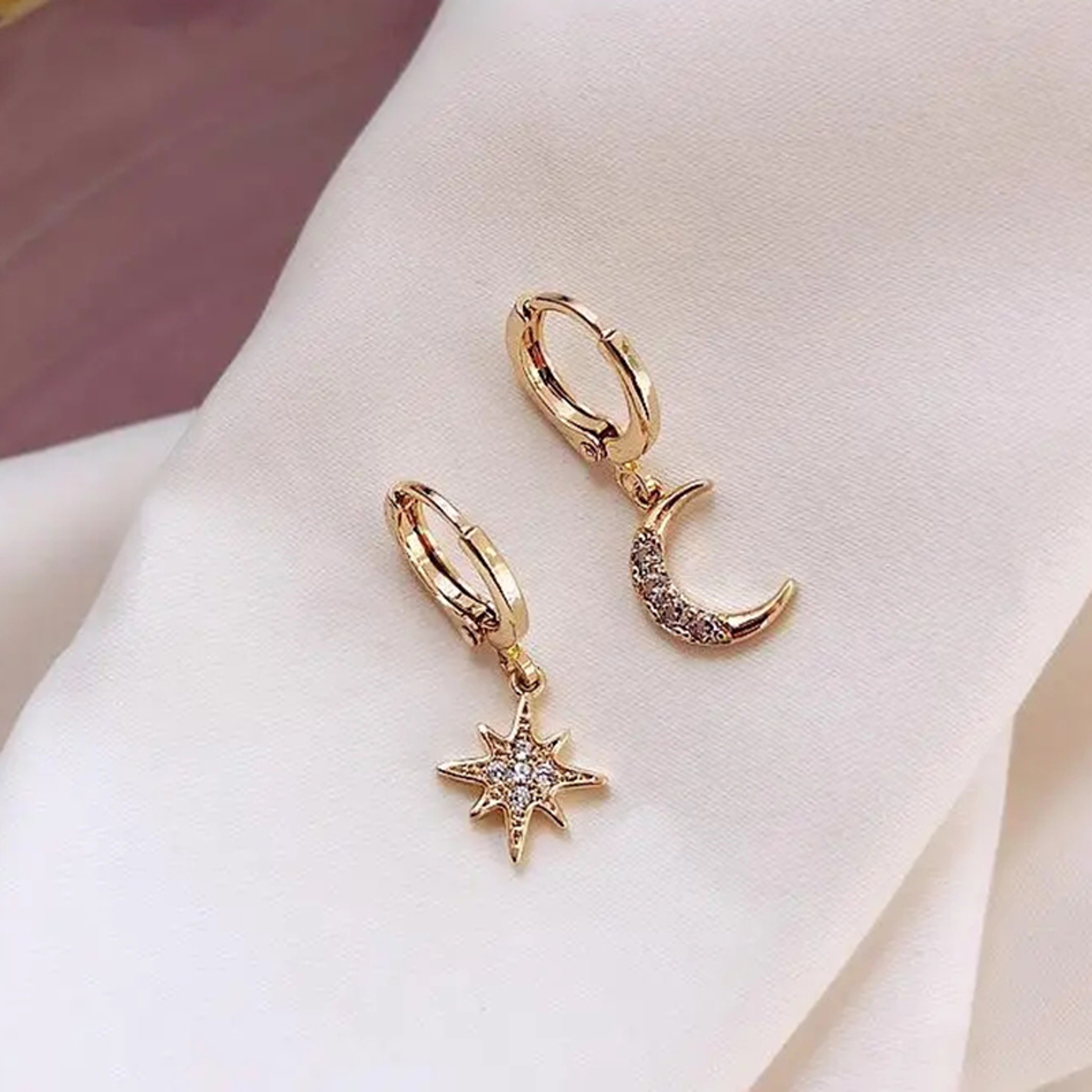 Vintage Sun and Moon Earrings Asymmetrical Korean Dangle Celestial Jewelry for Women – view 1