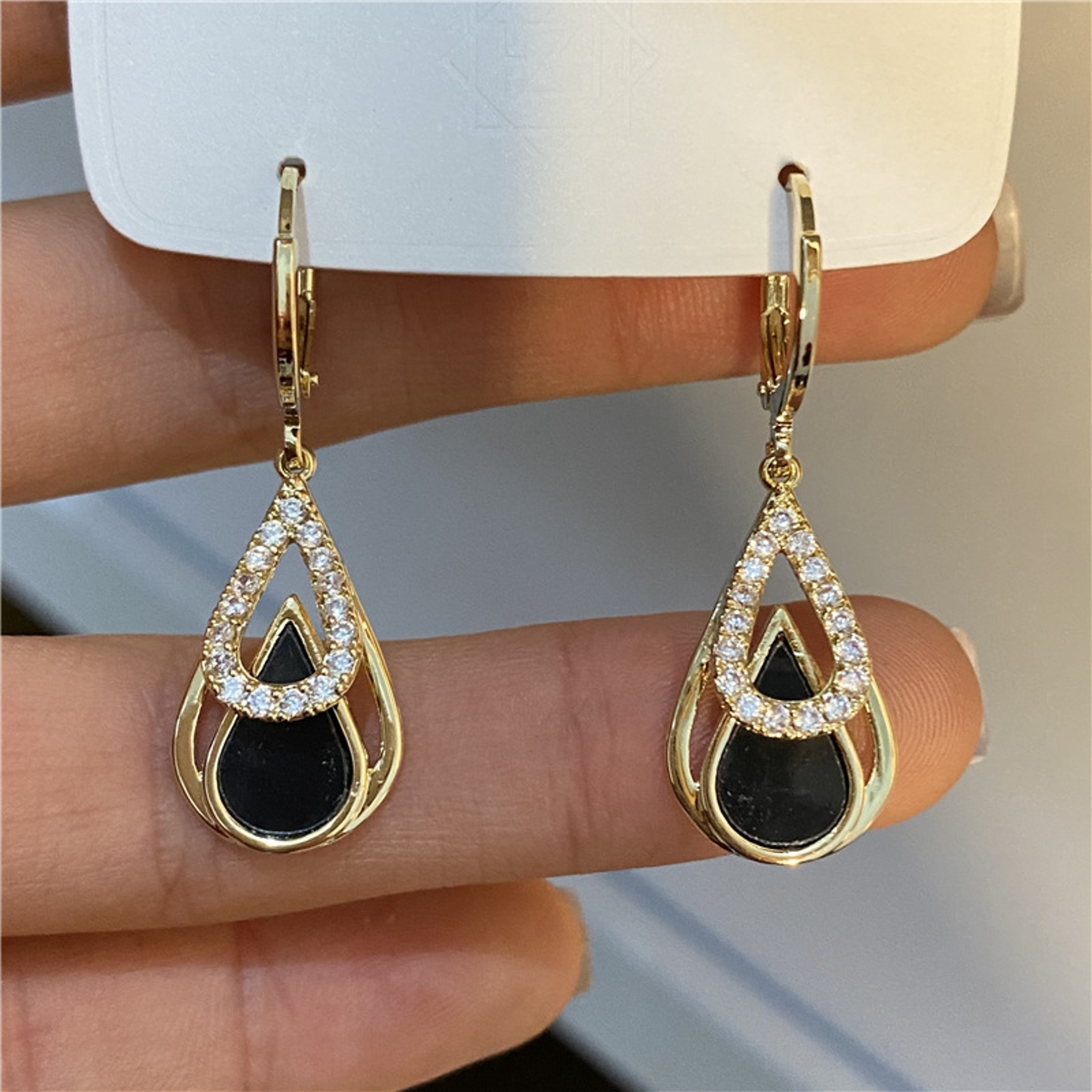 Elegant Rhinestone Dangle Earrings For Women Black Enamel Gold Hoop Statement Jewelry 0