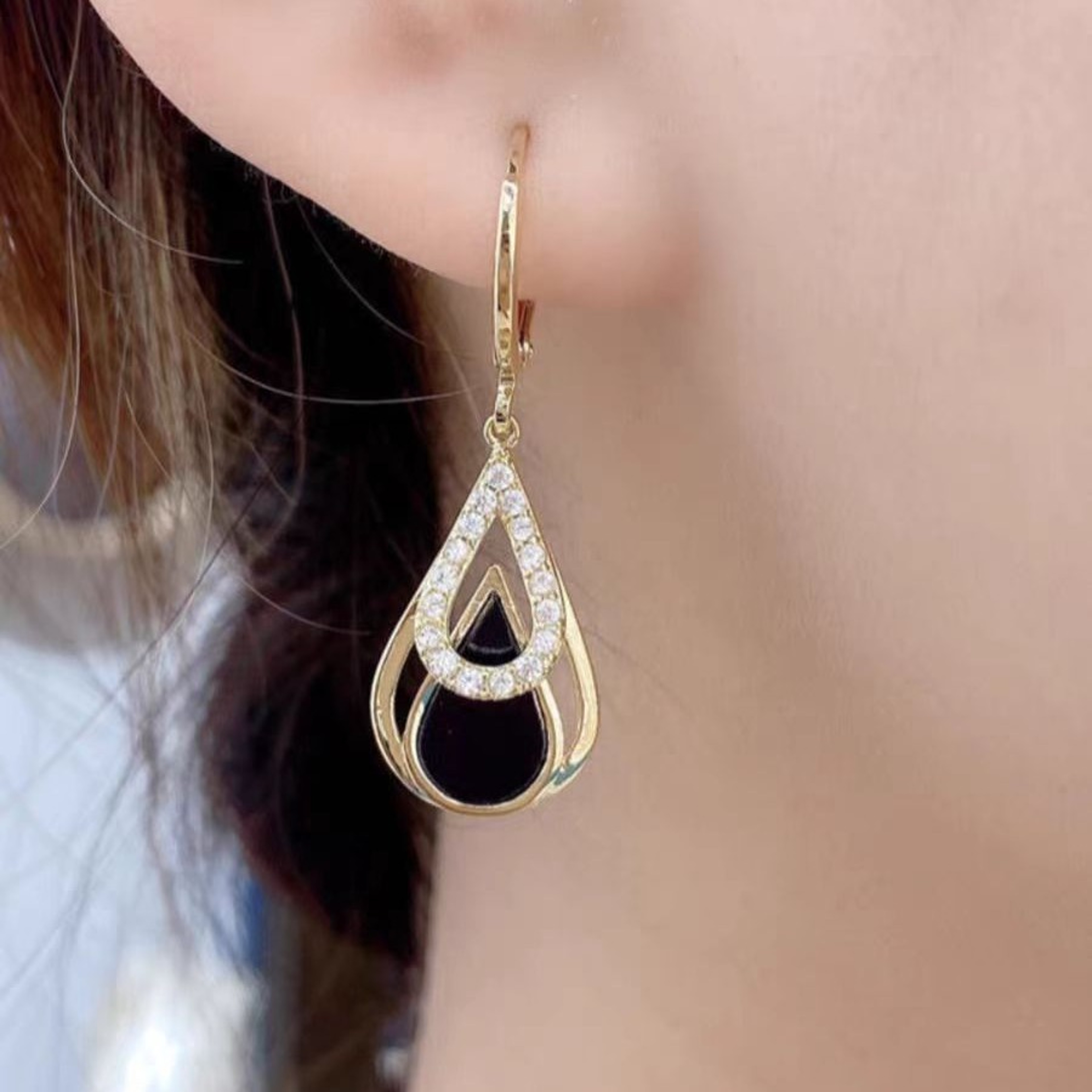Elegant Rhinestone Dangle Earrings For Women Black Enamel Gold Hoop Statement Jewelry 1