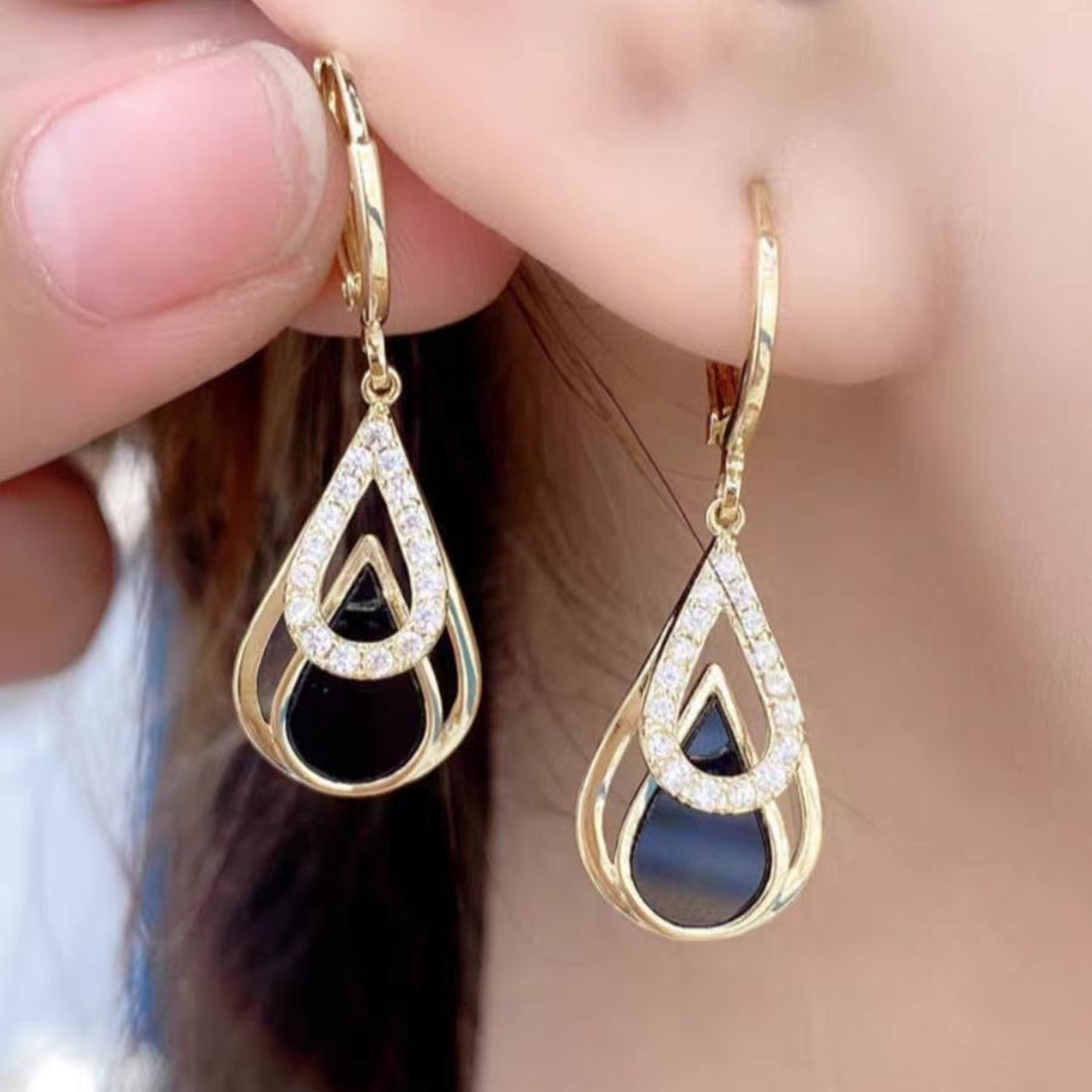 Elegant Rhinestone Dangle Earrings For Women Black Enamel Gold Hoop Statement Jewelry 3