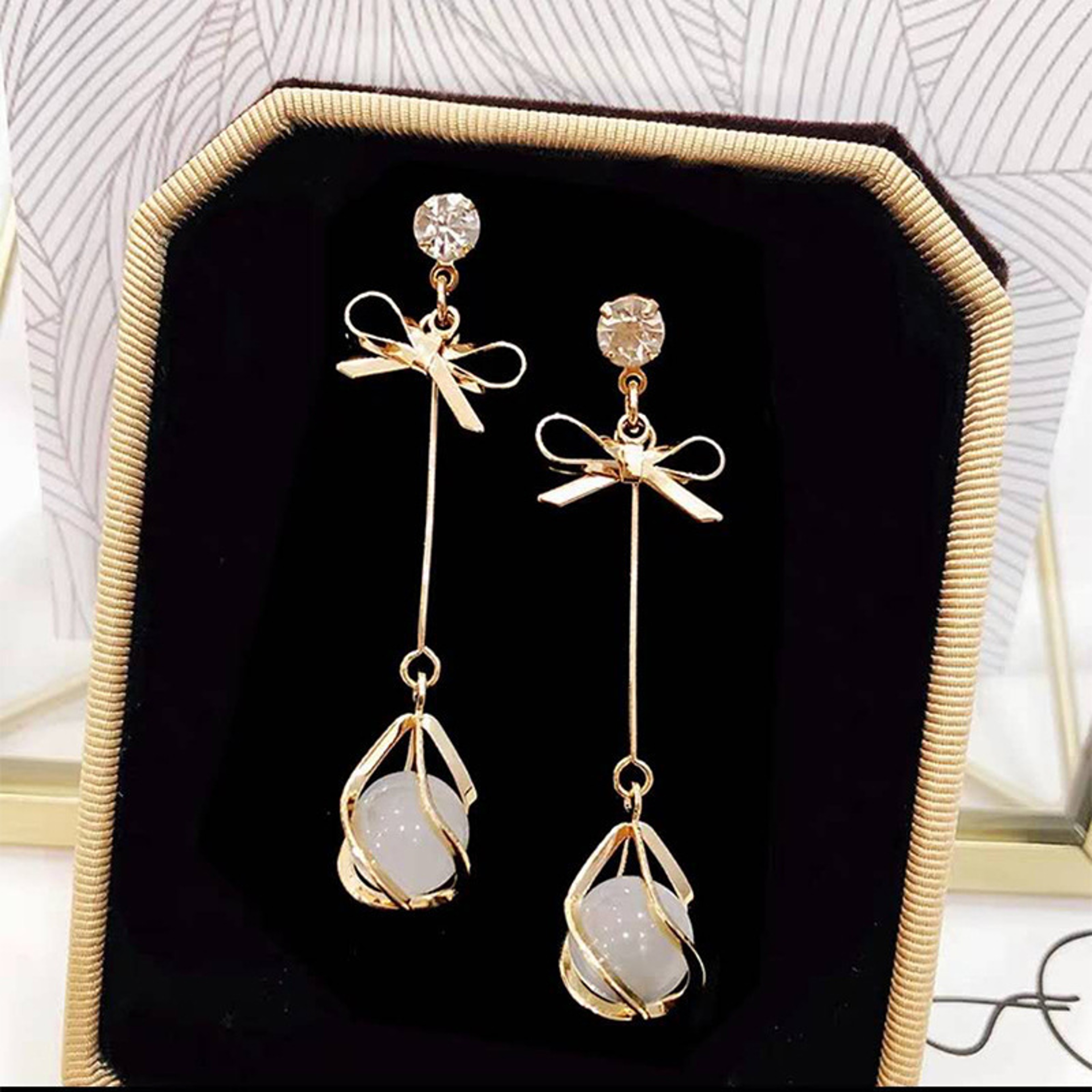Elegant Bow Knot Earrings With Opal Crystal Dangle For Women Fashion Jewelry 0