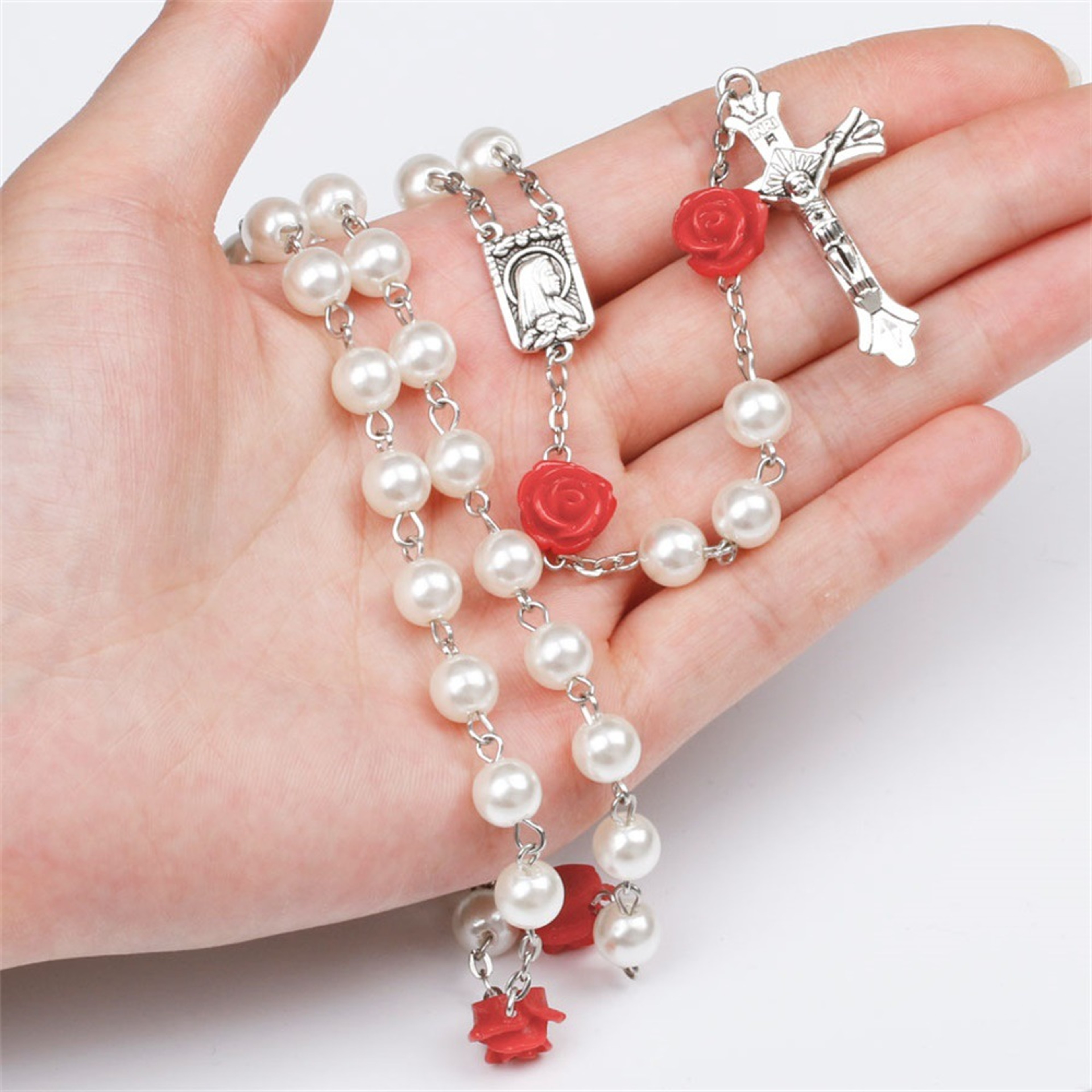Pink Rosary Necklace with Rose Glass Beads & Crucifix Cross Pendant for Prayer and Everyday Faith – view 10