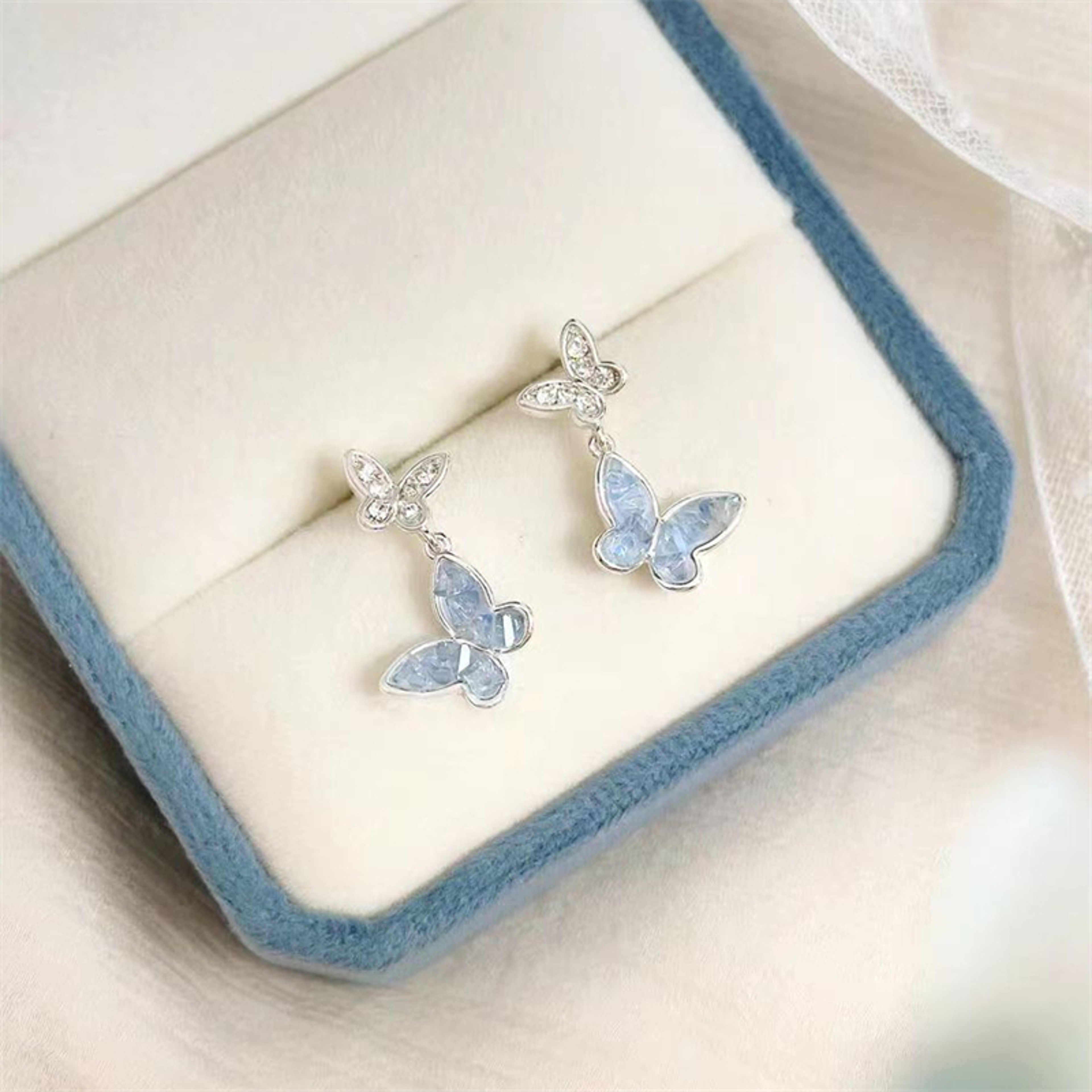 Luxury Butterfly Stud Earrings with Blue Zircon Double Crystal Design for Women – view 1