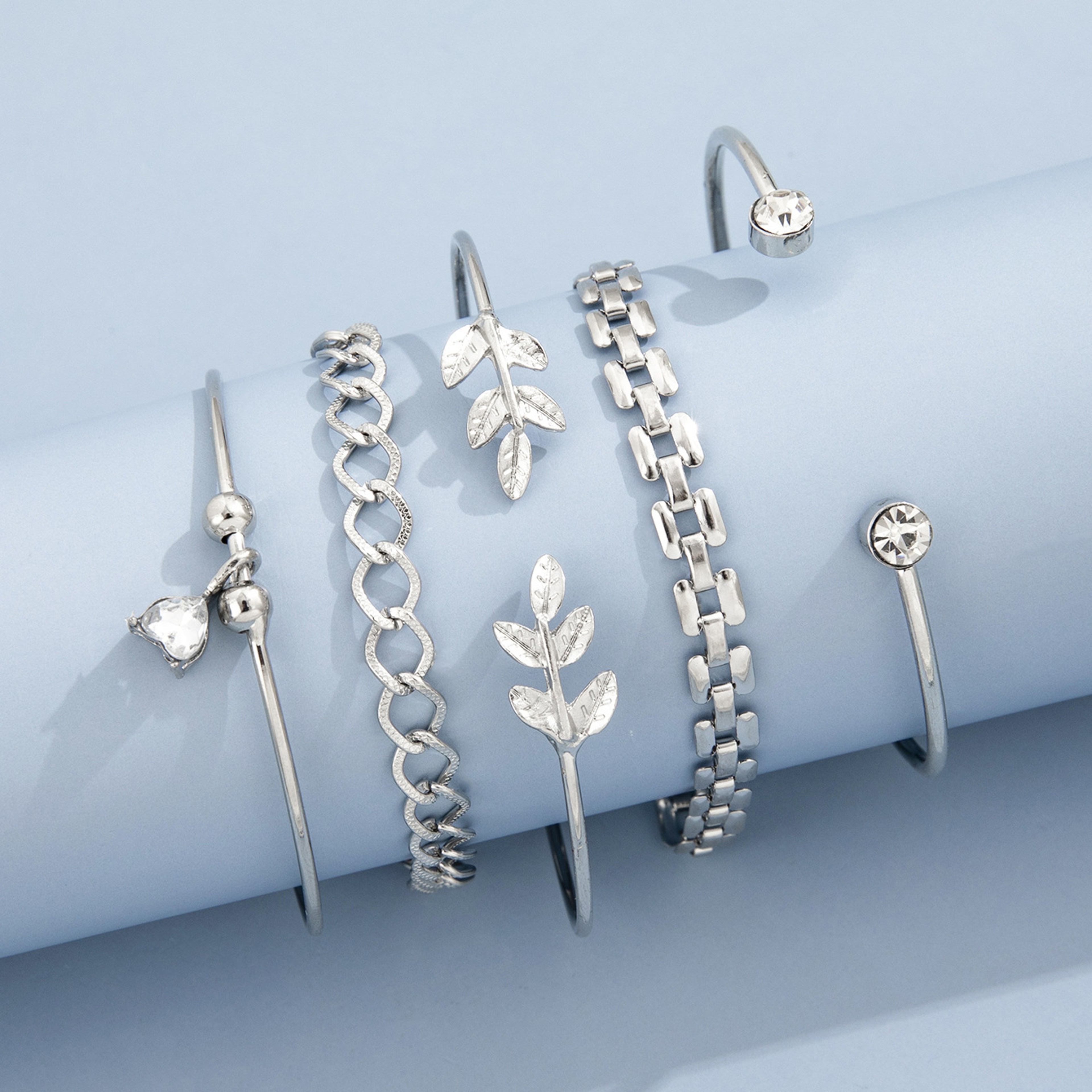 Bracelet Set for Women with Silver Cuff Bracelet & Crystal Leaf Layered Bangles – view 3