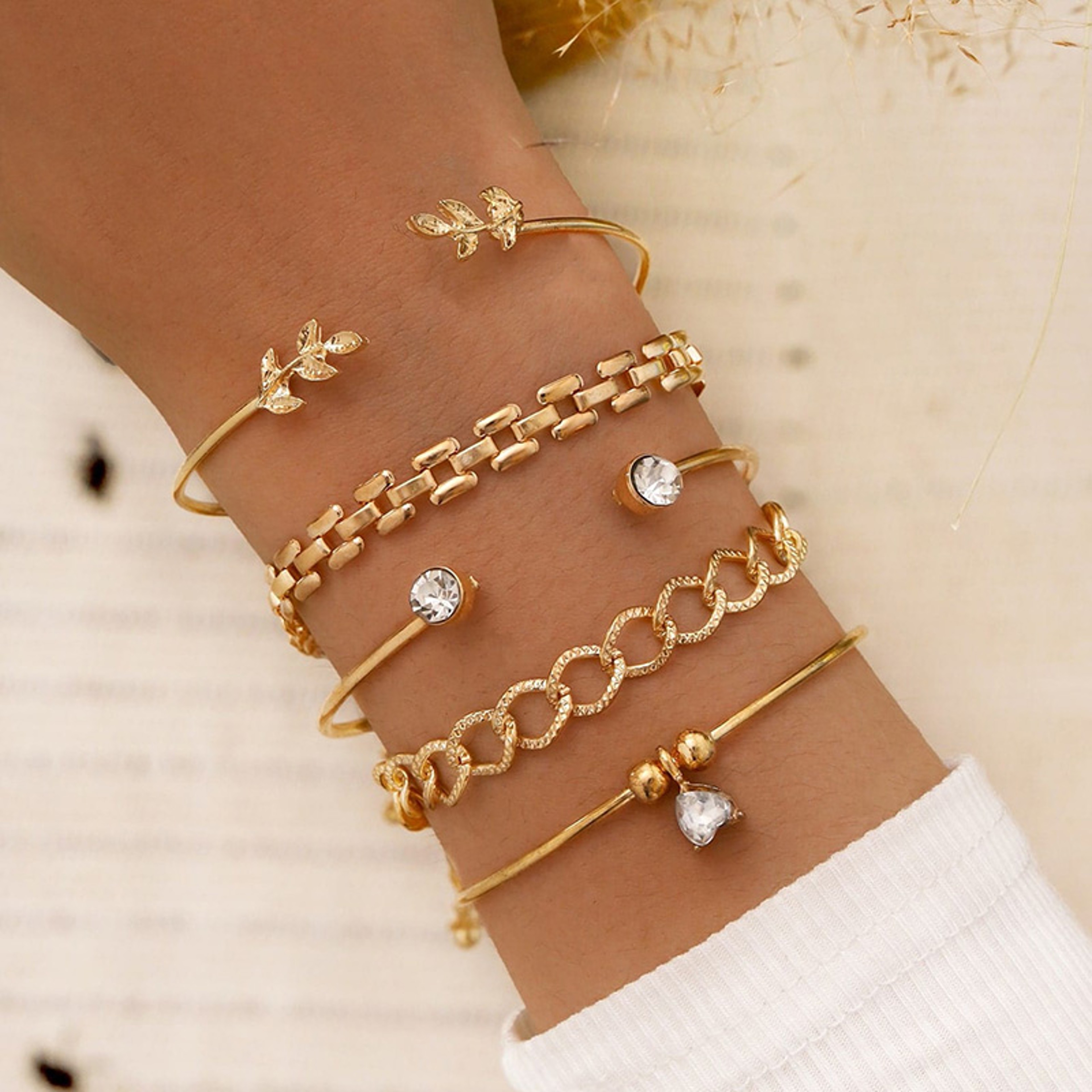 Bracelet Set for Women with Silver Cuff Bracelet & Crystal Leaf Layered Bangles – view 8