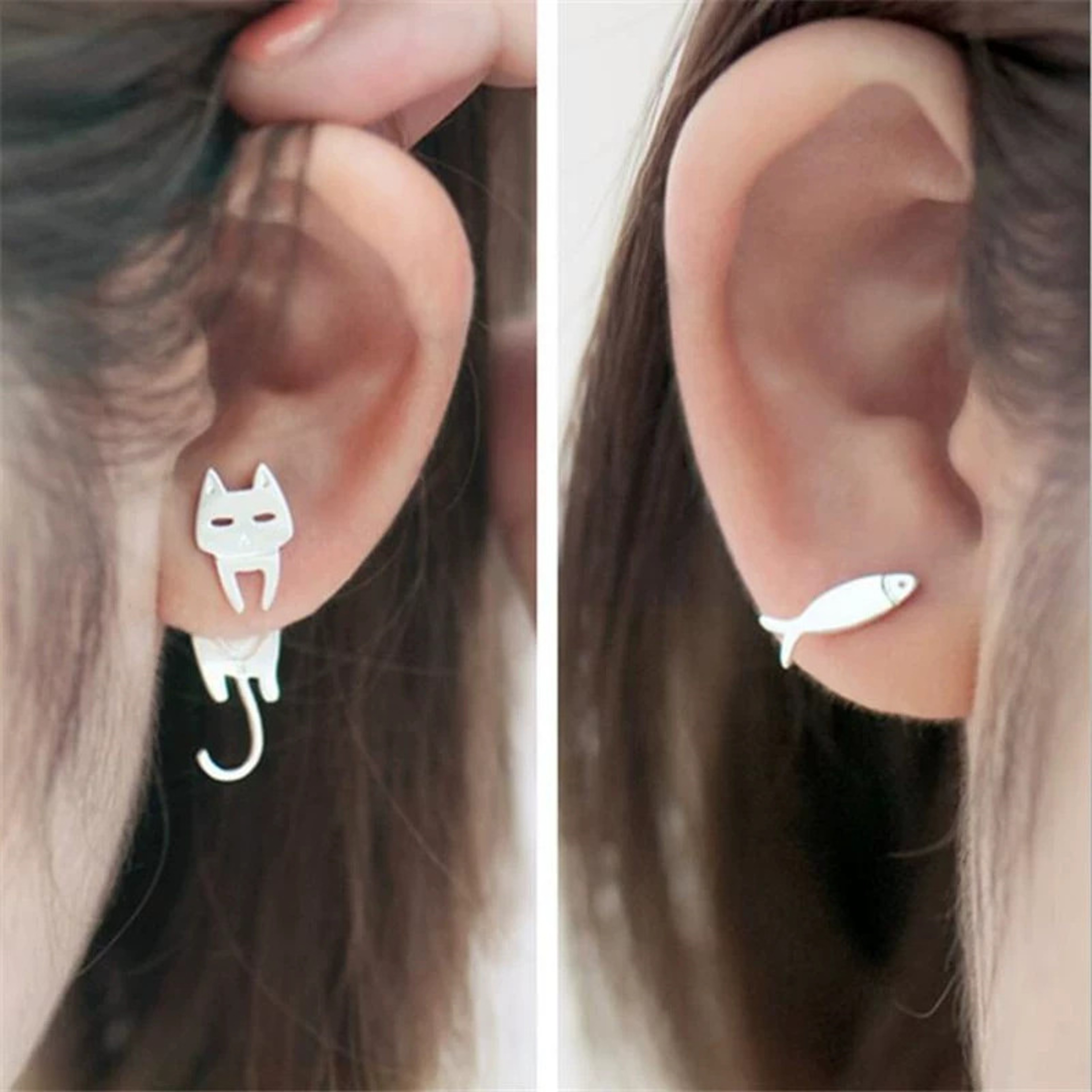 Cat Stud Earrings with Fish Design Cute Asymmetrical Earrings for Women – view 3