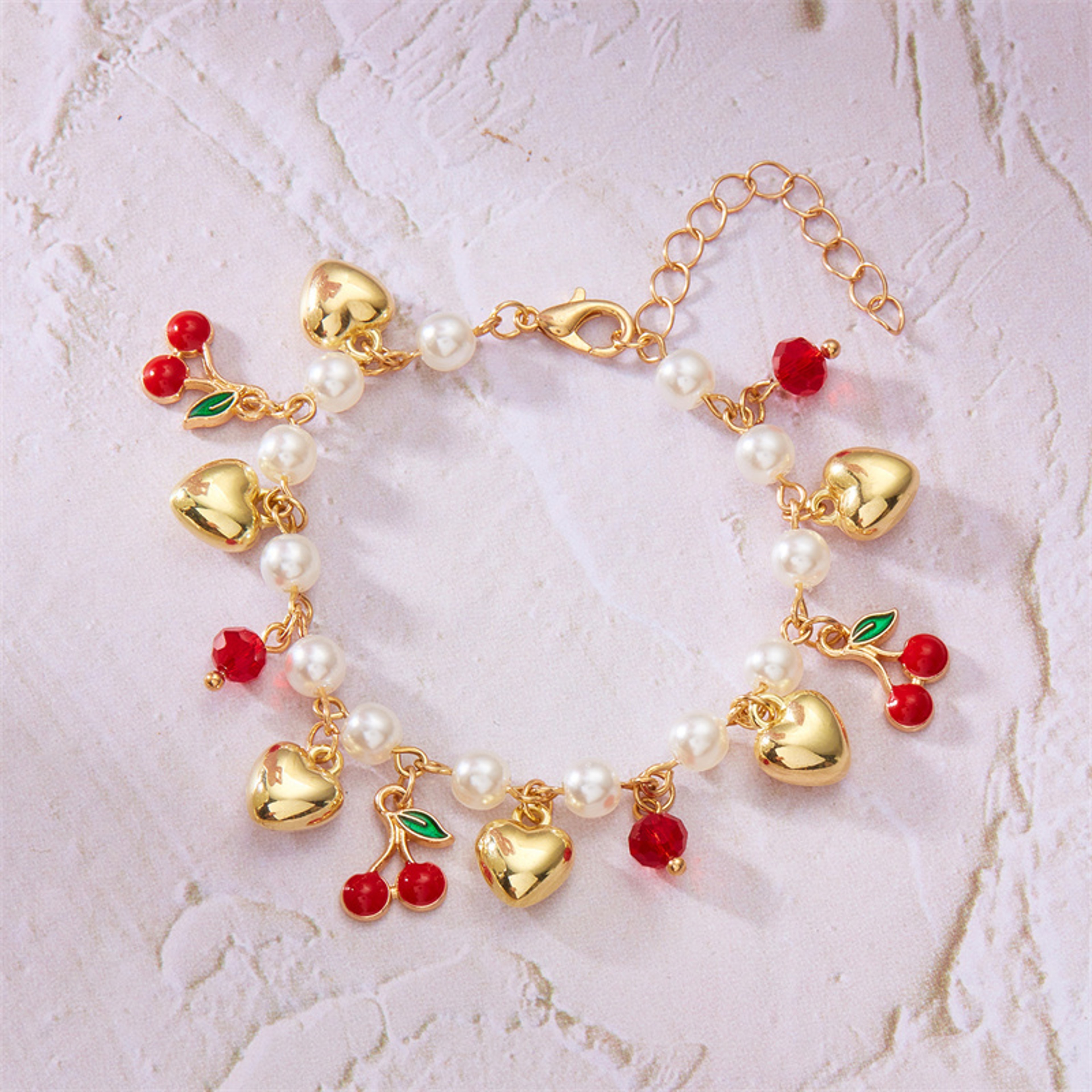 Sweet Cherry Charm Bracelet with Strawberry, Heart & Pearl Charms Gold Bracelet for Women – view 9