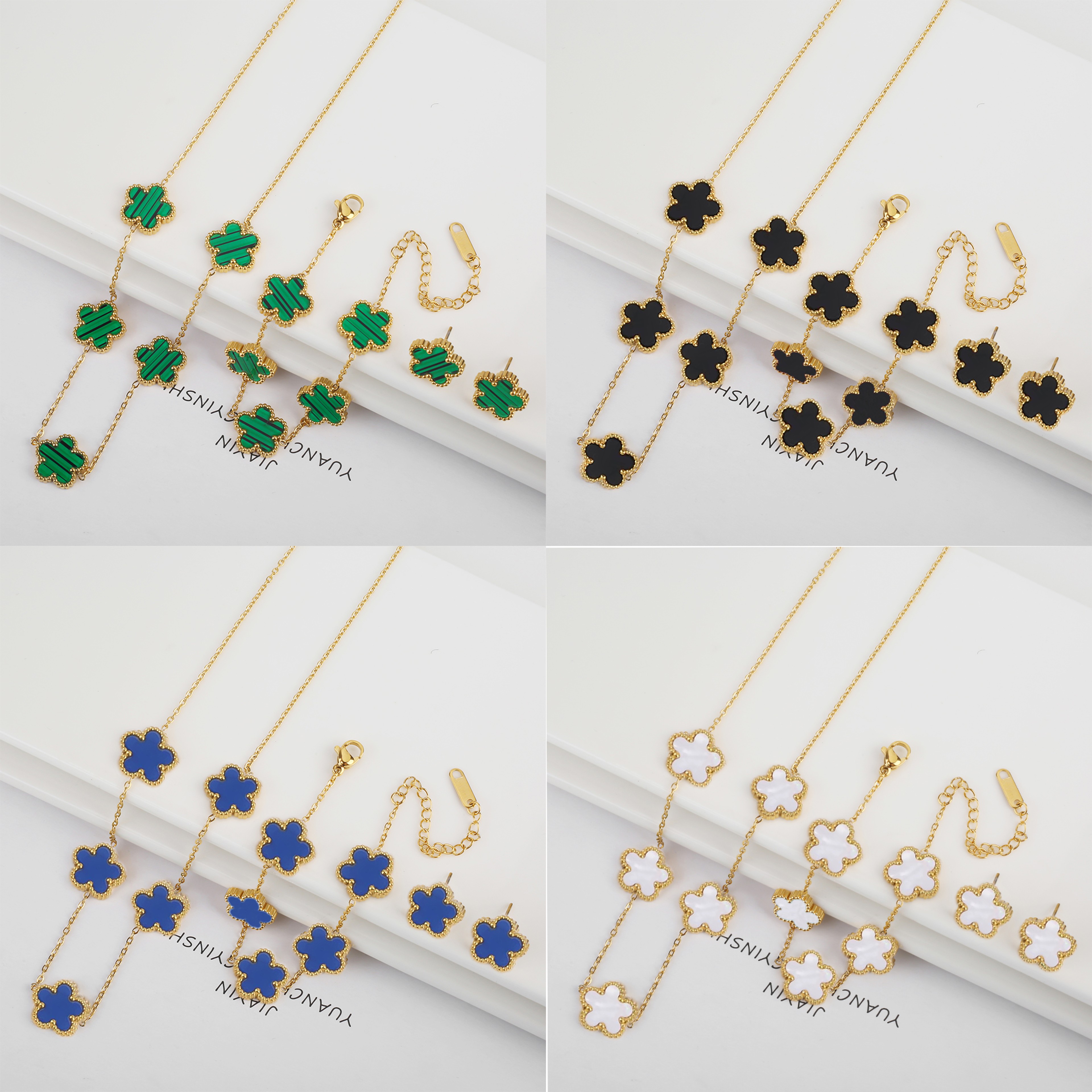 Elegant Stainless Steel Jewelry Set With Five Leaf Flower Necklace Bracelet  Earrings For Women 0