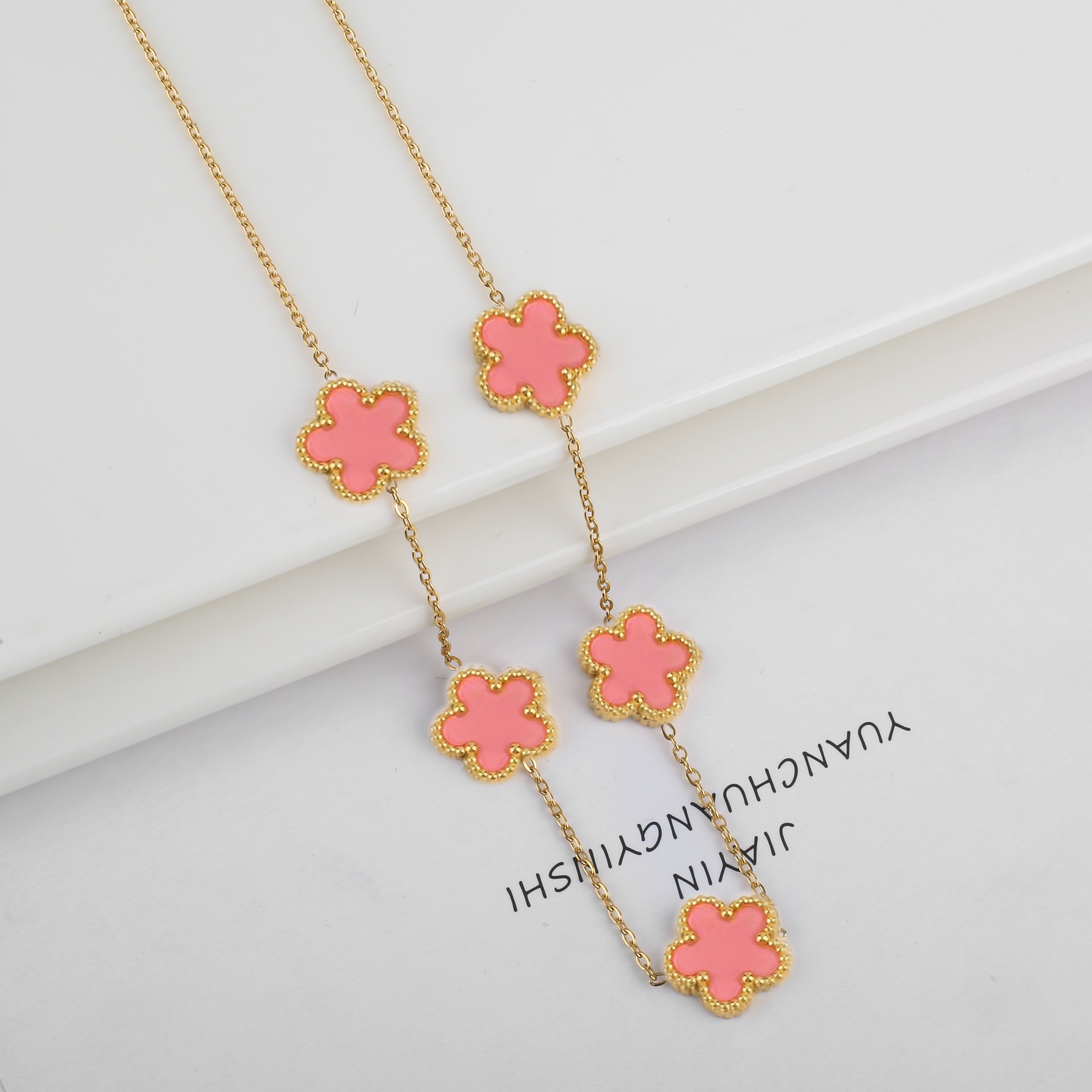 Elegant Stainless Steel Jewelry Set With Five Leaf Flower Necklace Bracelet  Earrings For Women 15