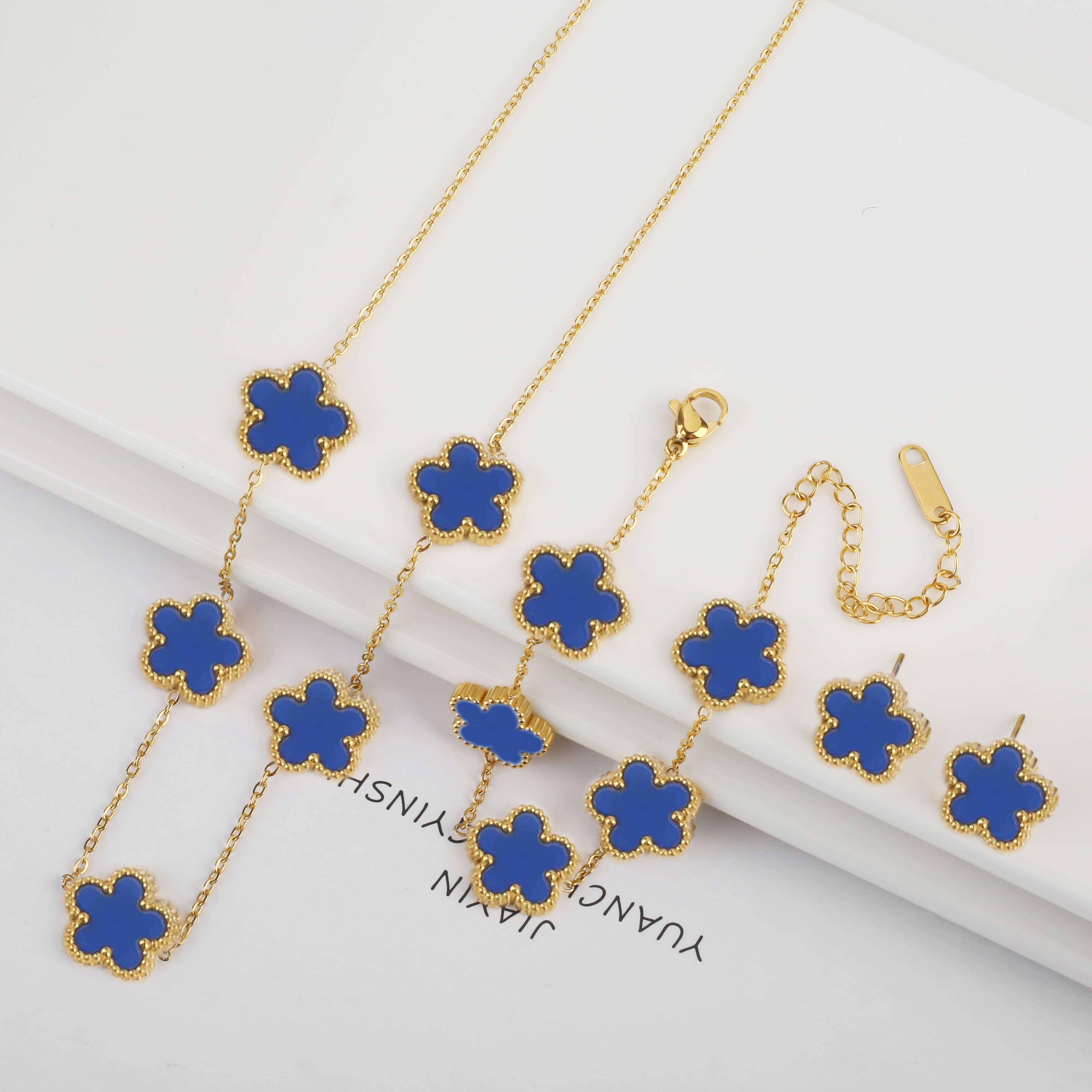 Elegant Stainless Steel Jewelry Set With Five Leaf Flower Necklace Bracelet  Earrings For Women 28