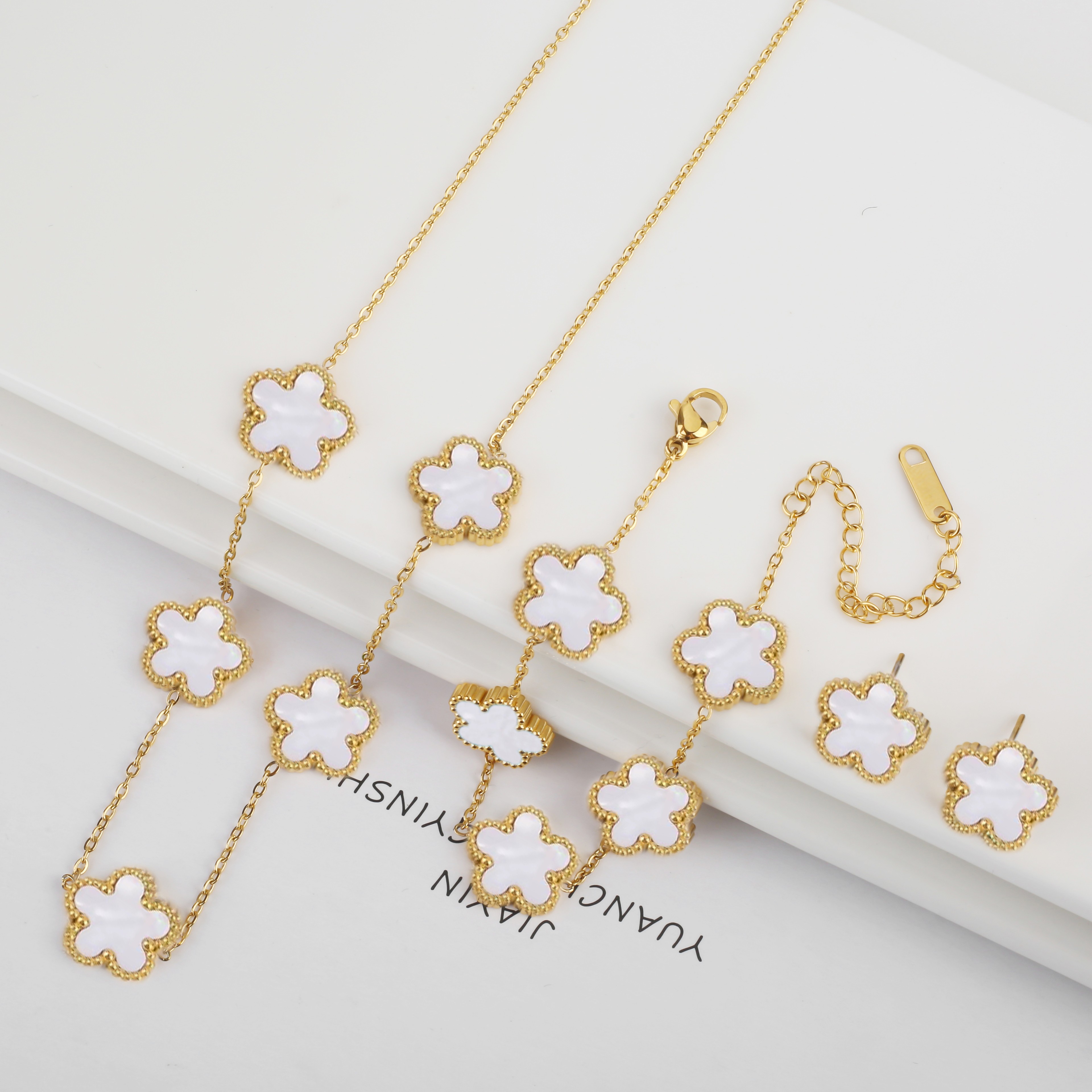 Elegant Stainless Steel Jewelry Set With Five Leaf Flower Necklace Bracelet  Earrings For Women 32