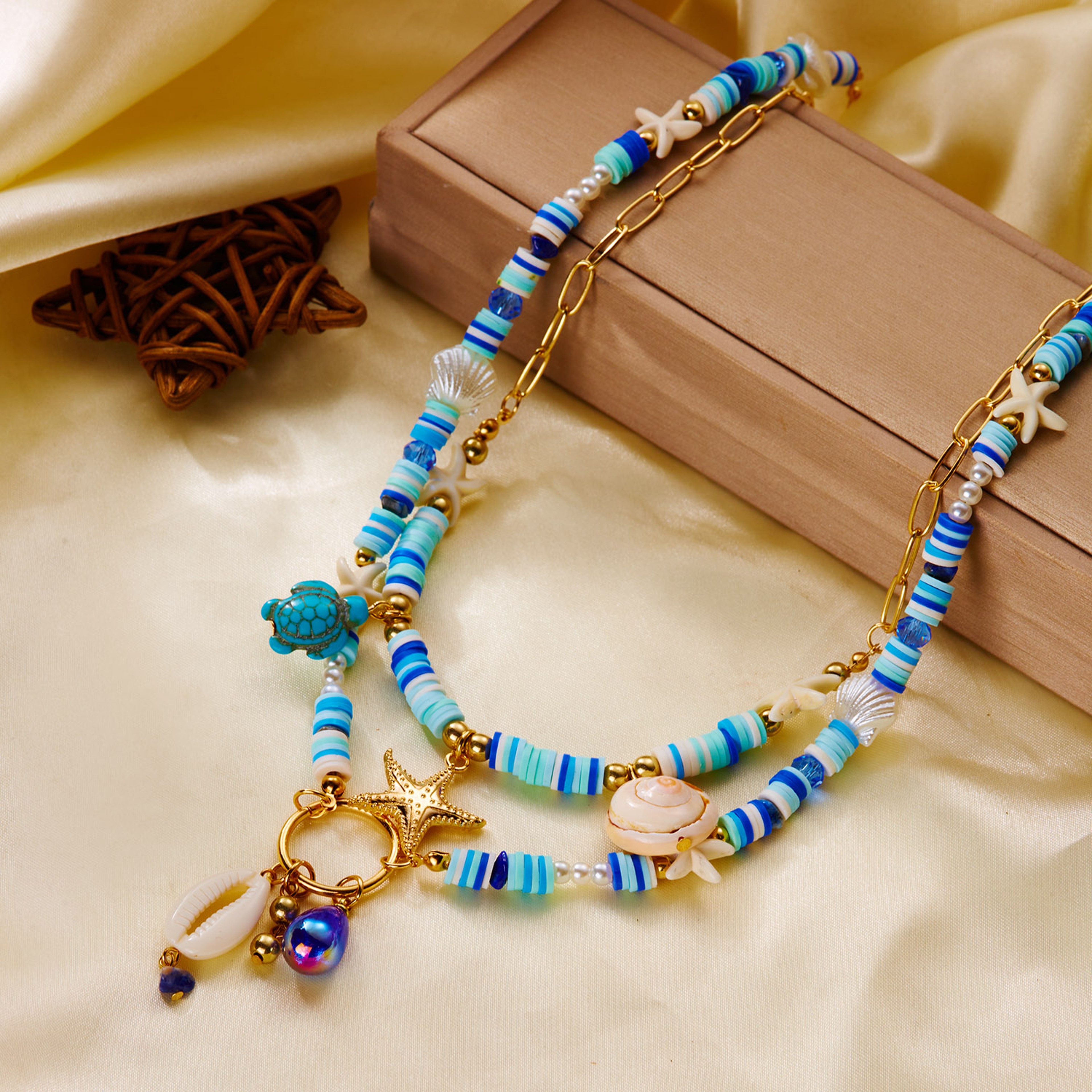 Blue Beach Shell Necklace with Starfish & Turtle Layered Choker for Women – view 6
