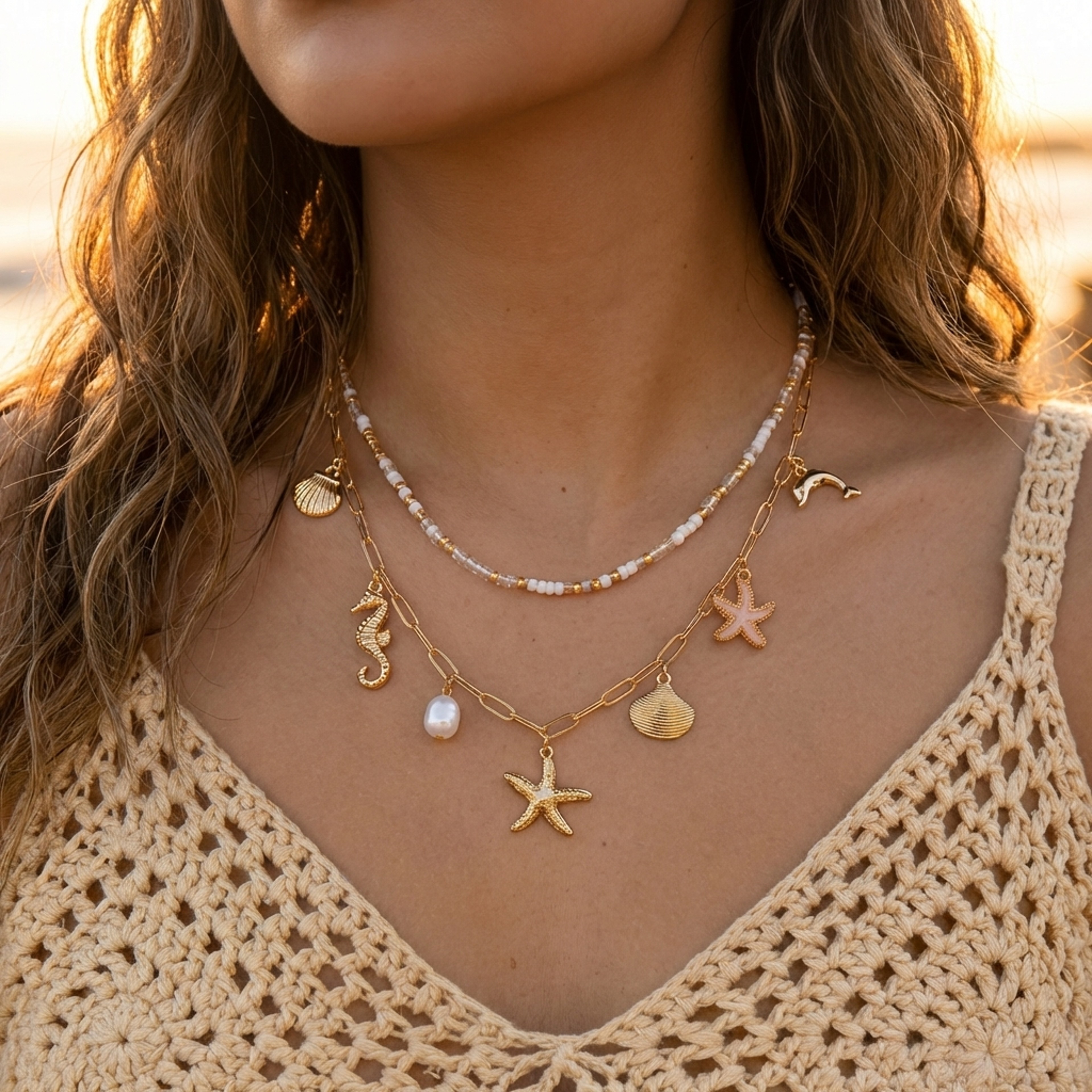 Blue Beach Shell Necklace with Starfish & Turtle Layered Choker for Women – view 8