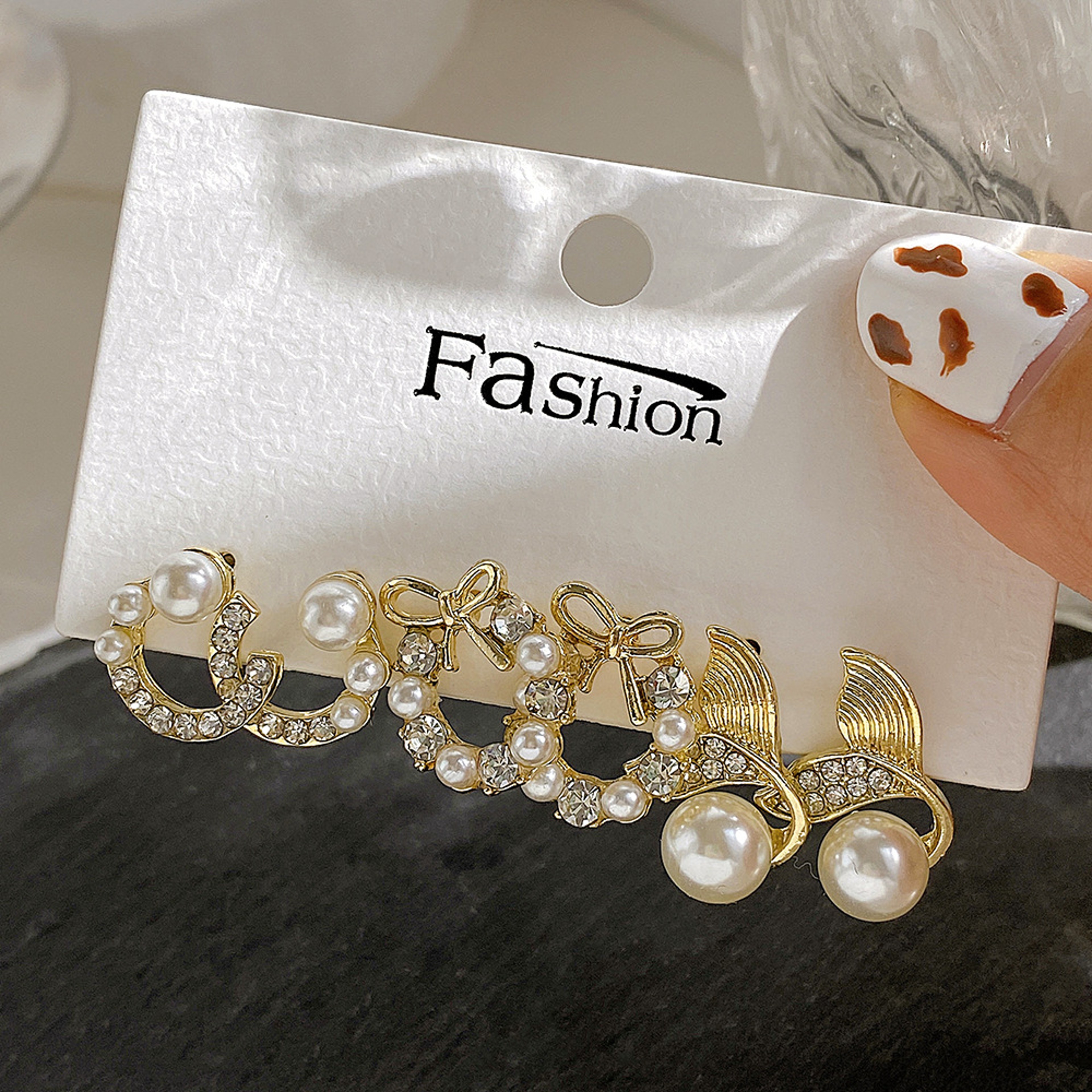 Bow Pearl Earrings Gold Crystal Moon Dangle Earrings for Women – view 5