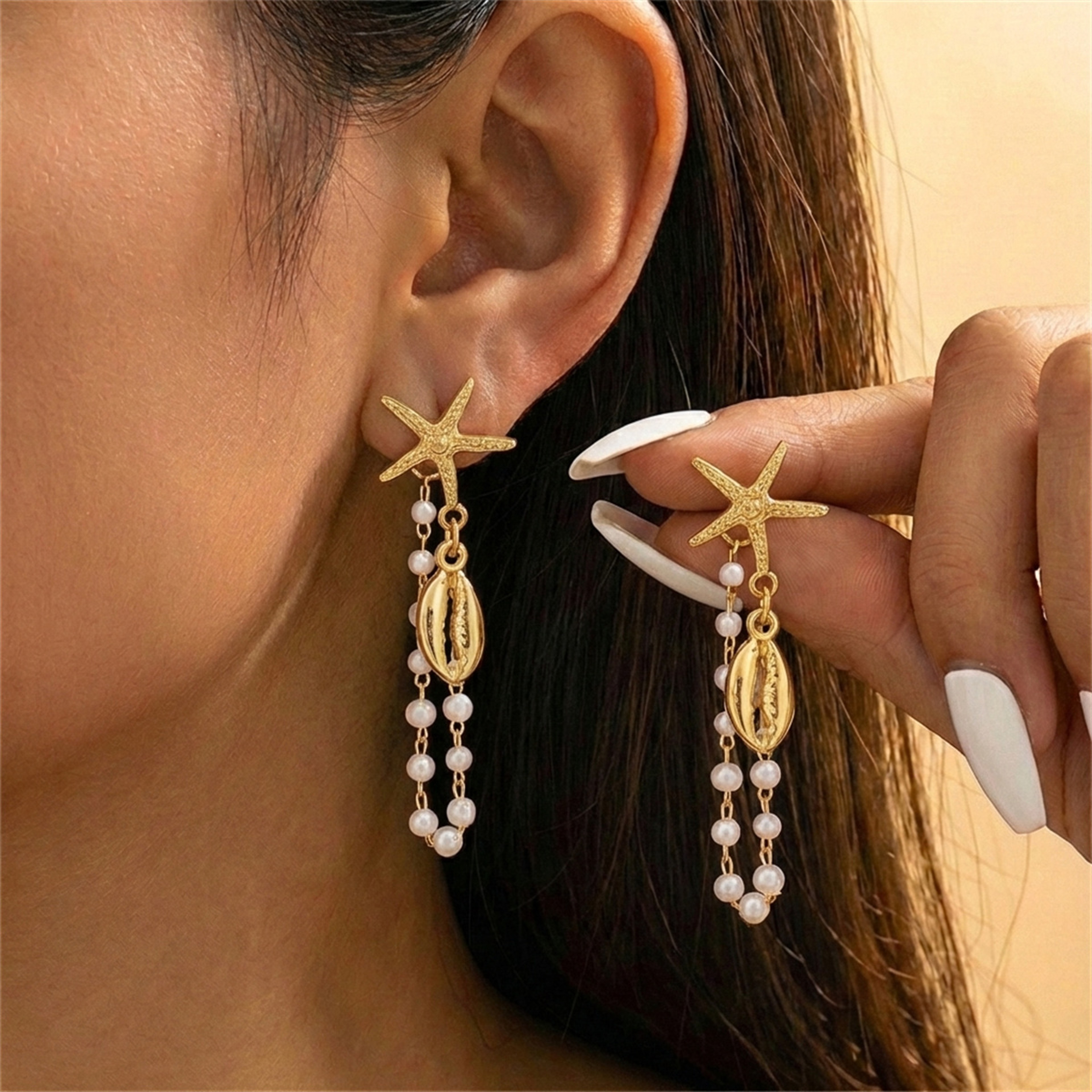Boho Starfish Dangle Earrings with Conch Shell Tassels for Beach Parties – view 16