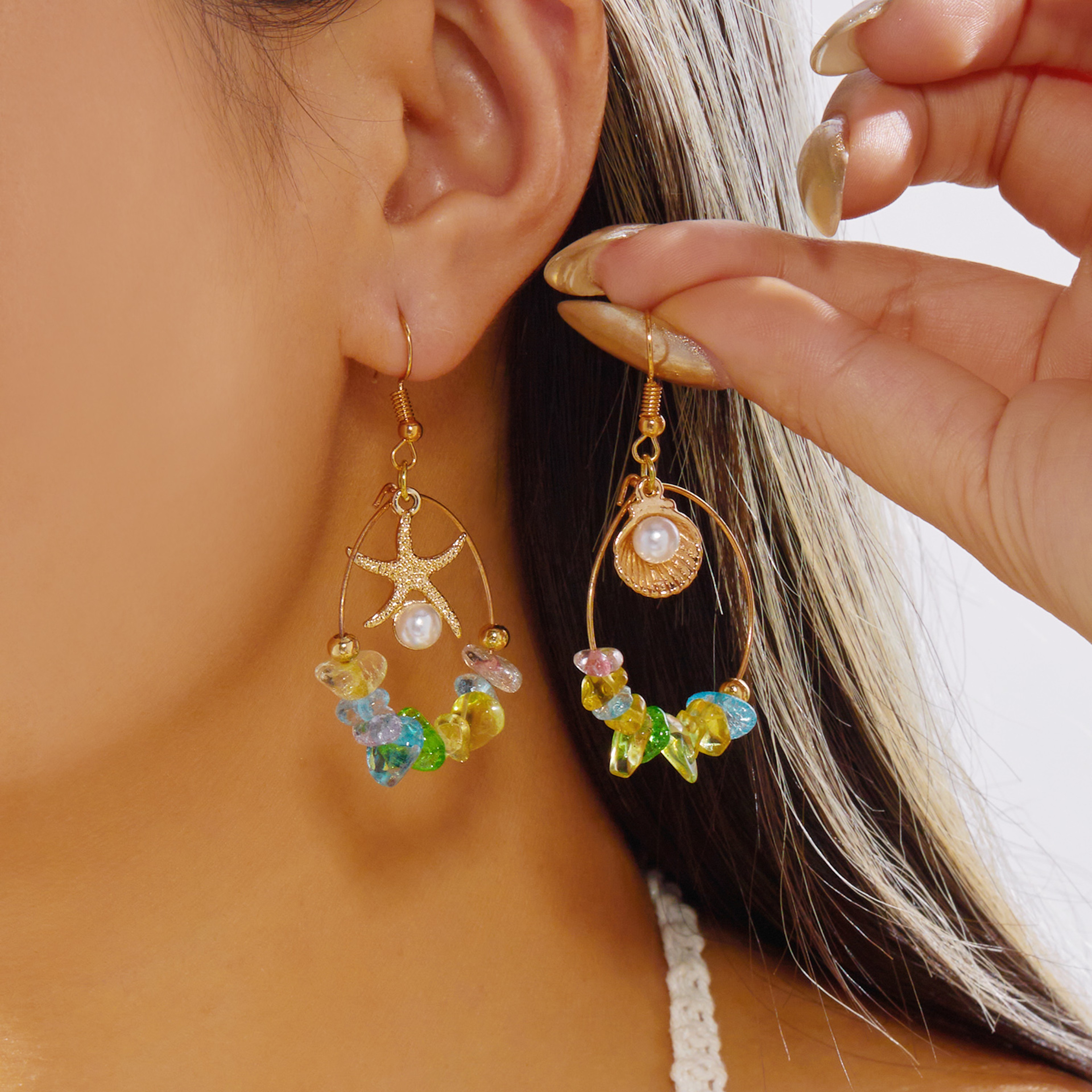 Boho Starfish Dangle Earrings with Conch Shell Tassels for Beach Parties – view 22