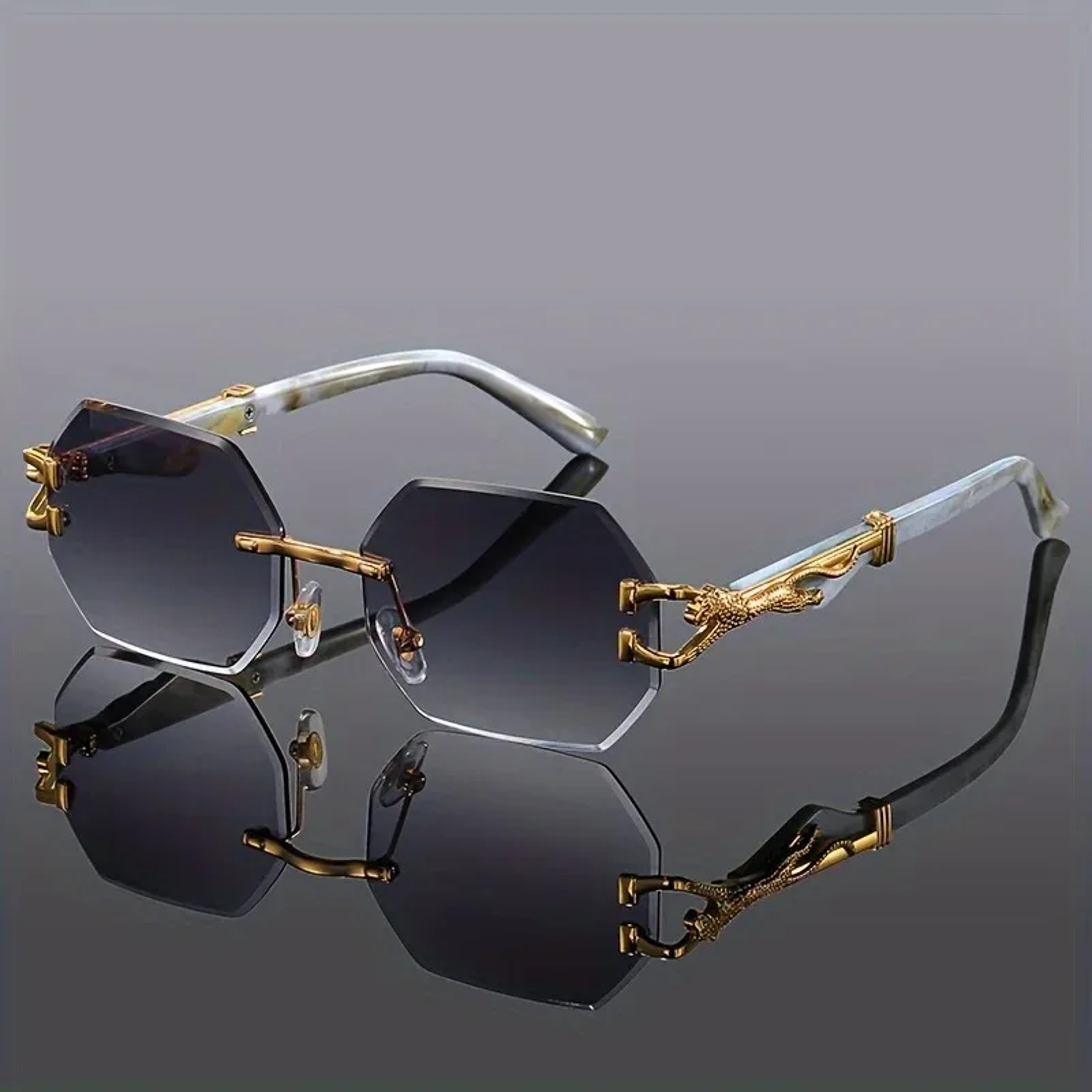 Vintage Rimless Sunglasses Polygon Metal Frame Unisex Fashion Shades with Leopard Temples – view 1