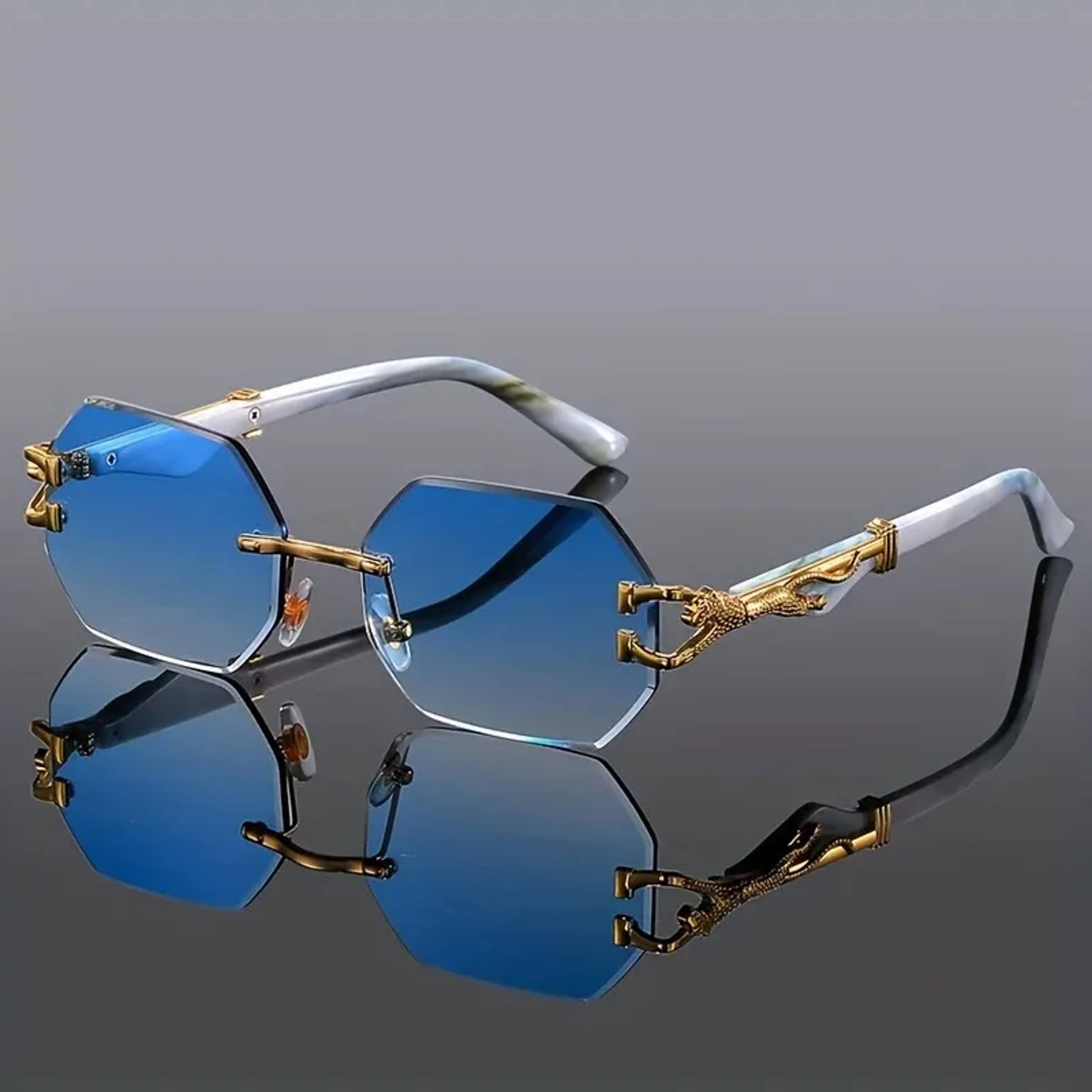 Vintage Rimless Sunglasses Polygon Metal Frame Unisex Fashion Shades with Leopard Temples – view 3